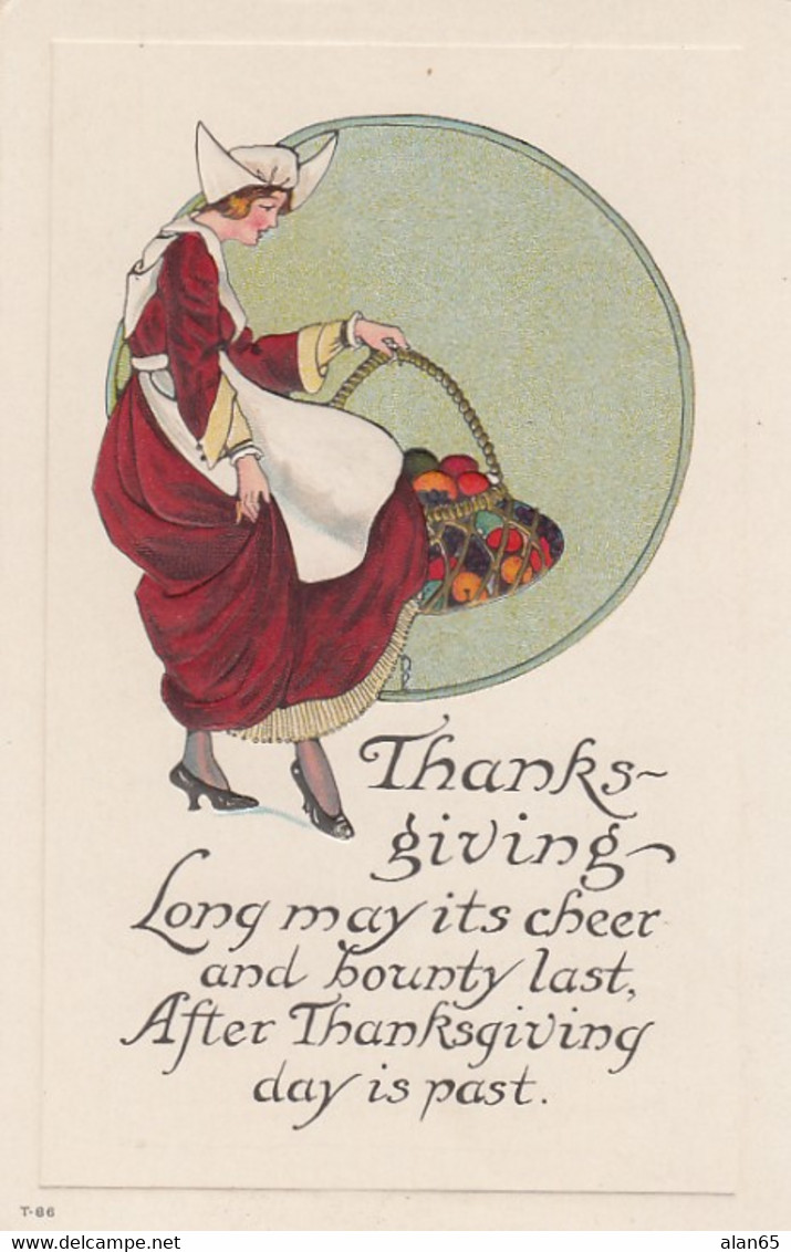 Thanksgiving Greetings, Art Deco Style Woman With Basket Of Fruit, C1910s/20s Vintage Embossed Postcard - Thanksgiving