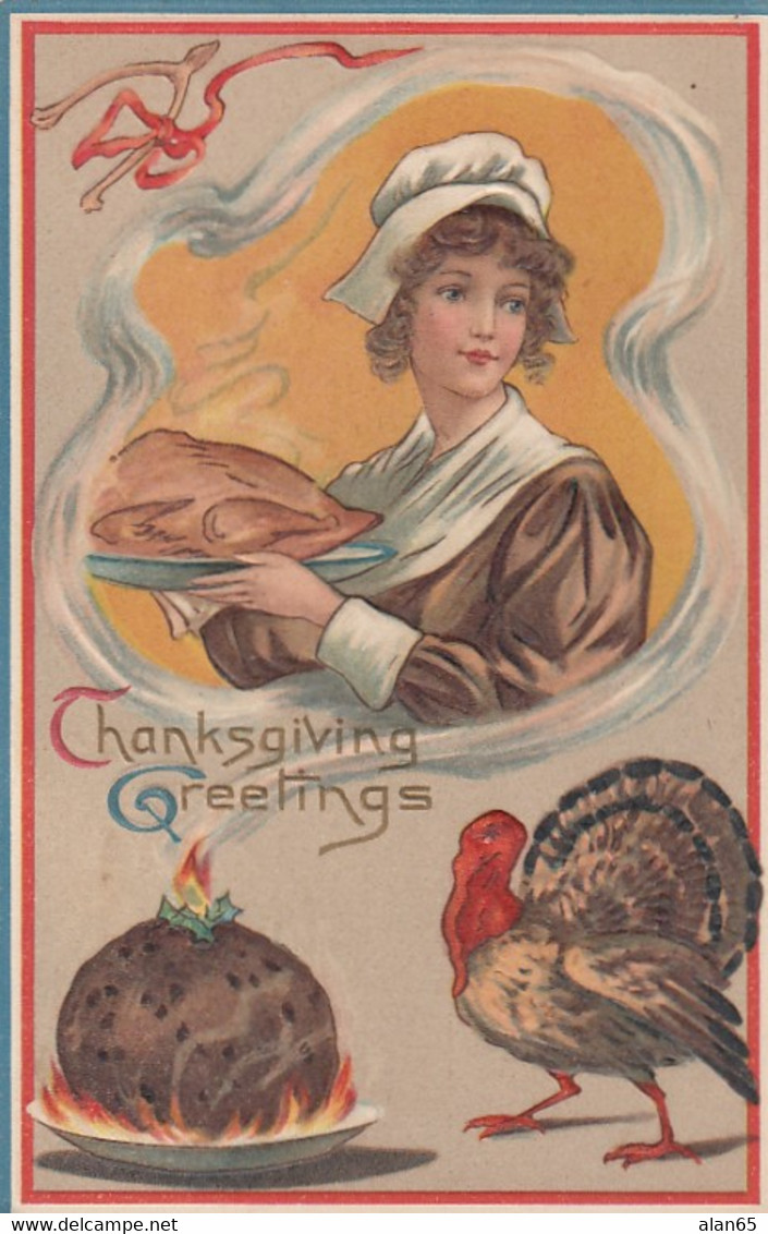 Thanksgiving Greetings, Woman Cooks, Turkey, C1900s Vintage Embossed Postcard - Thanksgiving