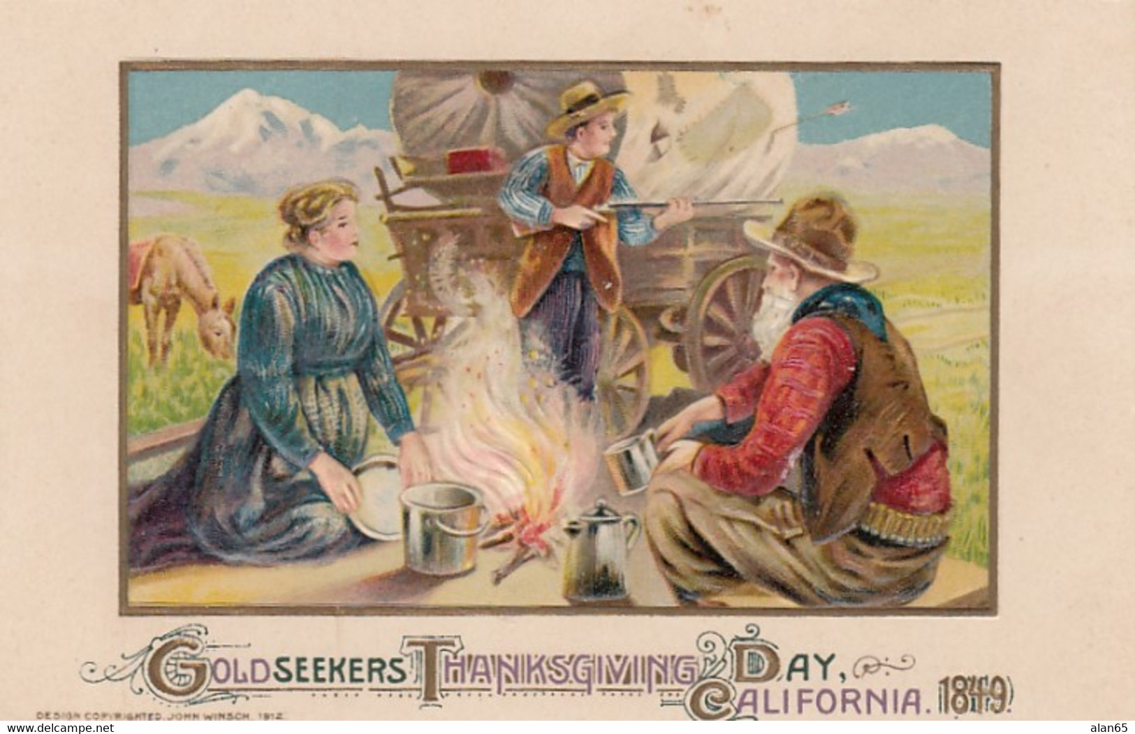 Thanksgiving California Goldseekers 1849, Covered Wagon Camping, C1910s Vintage Embossed Postcard - Thanksgiving