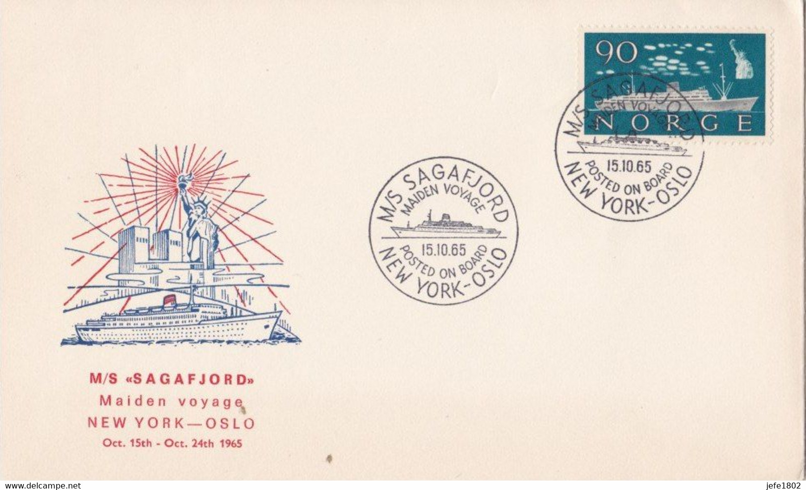 M/S SAGAFJORD Maiden Voyage New York - Oslo Oct 15th - Oct. 24th 1965 - Statue Of Freedom - Cartas & Documentos