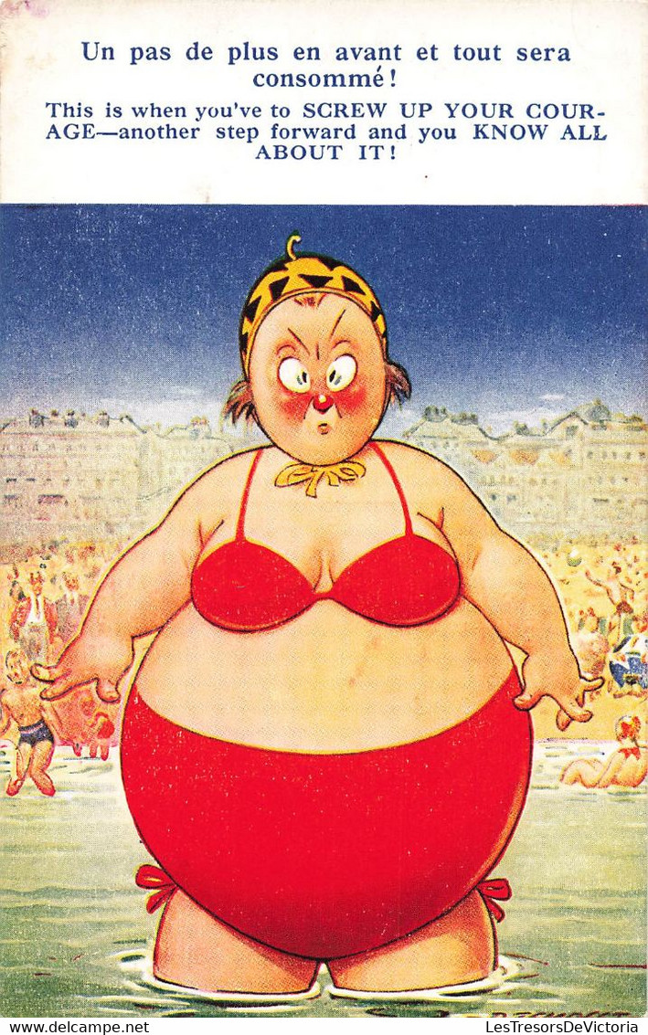 CPA humour - un pas de plus en avant - illustration femme forte en maillot  de bain - N°706 - bamforth