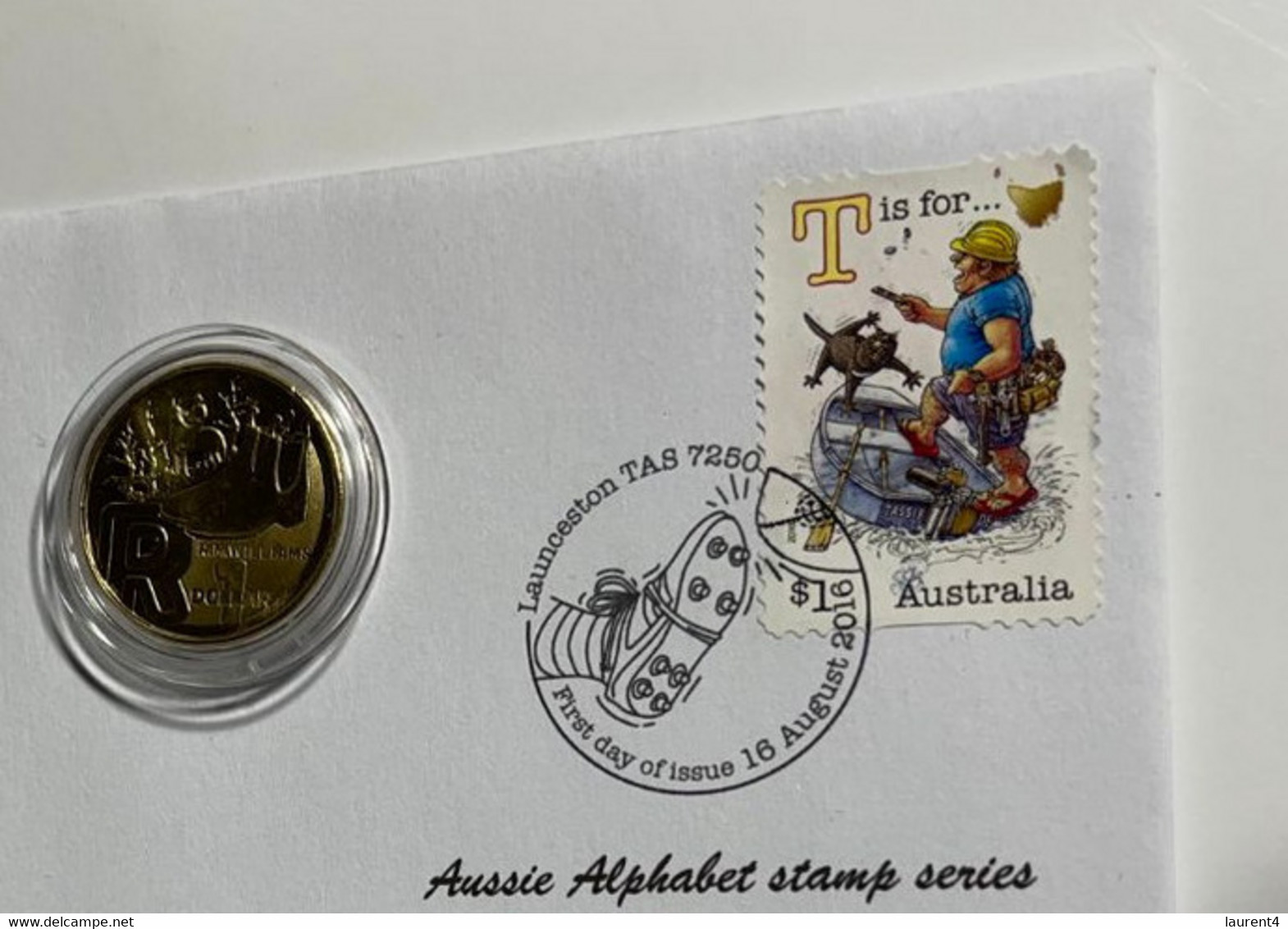 (1 M 15) Australia 2022 Letter T $ 1.00 Coin (Aussie) + Alphabet Letter T (2016) - Cover With Stamp & Coin - Dollar