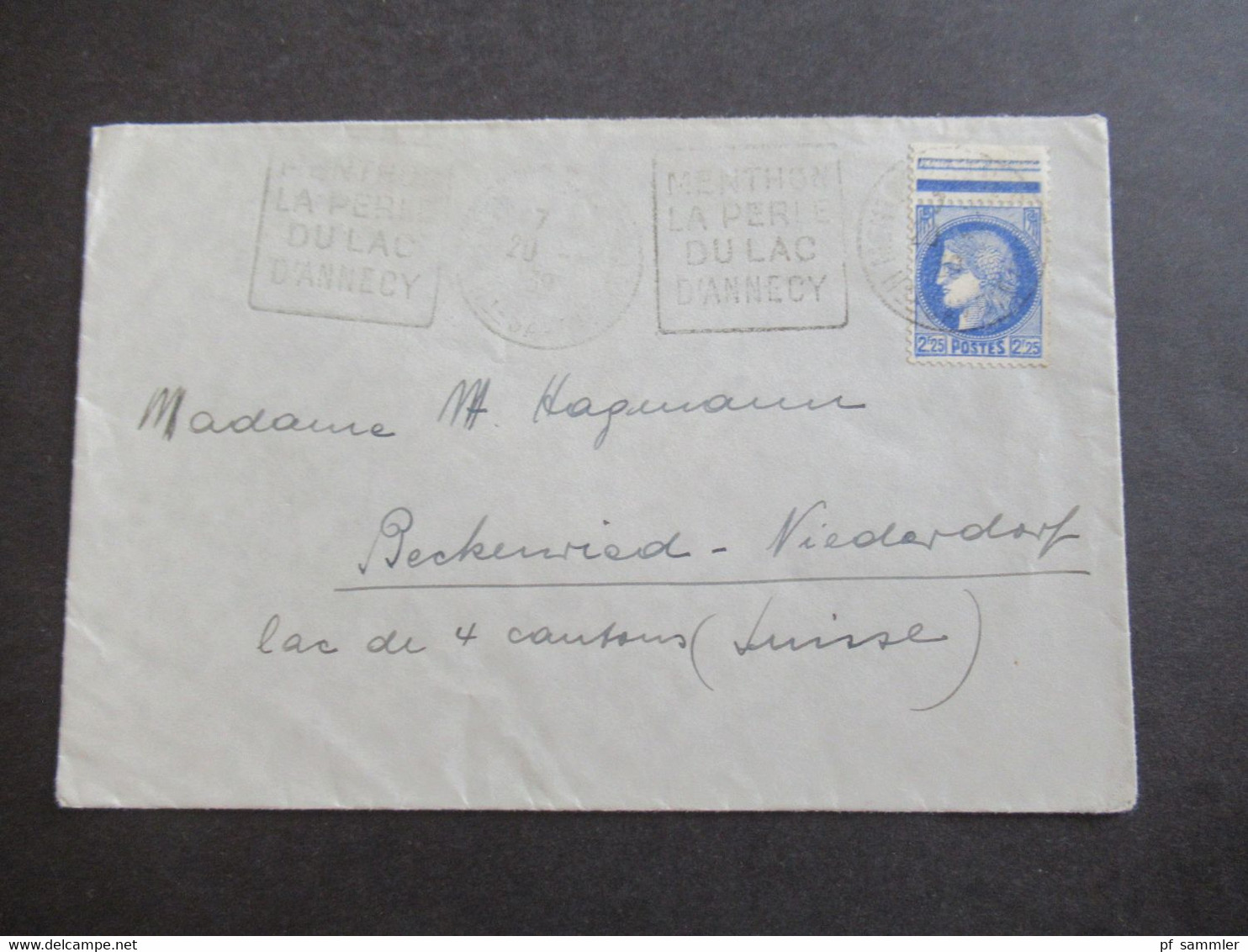 Frankreich 1939 Ceres Michel Nr.402 Oberrand EF Auslandsbrief In Die Schweiz Nach Beckenried Niederdorf - Briefe U. Dokumente