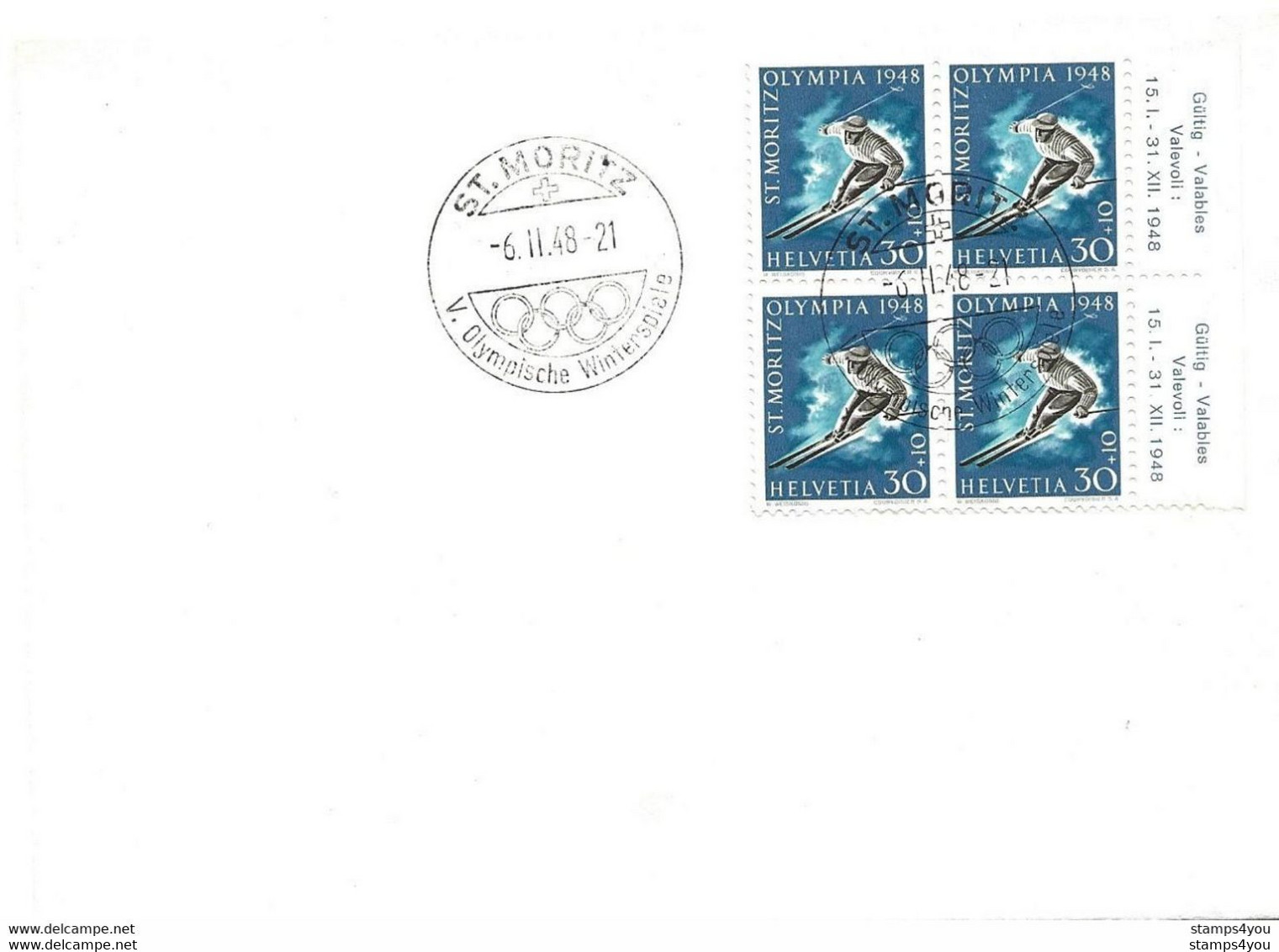 T1 - 43 - Enveloppe Suisse Avec Bloc De 4 Timbres Olympqiues - 6.2.48. St Moritz - Winter 1928: St-Moritz