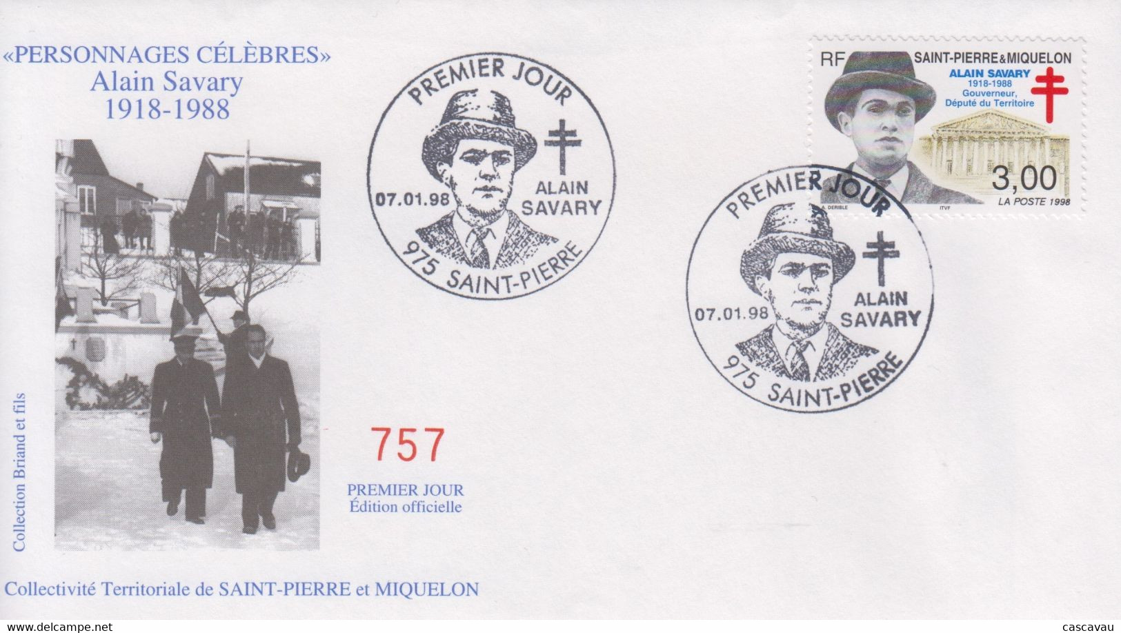 Enveloppe  FDC  1er  JOUR    SAINT  PIERRE  Et  MIQUELON    Alain  SAVARY   1998 - FDC