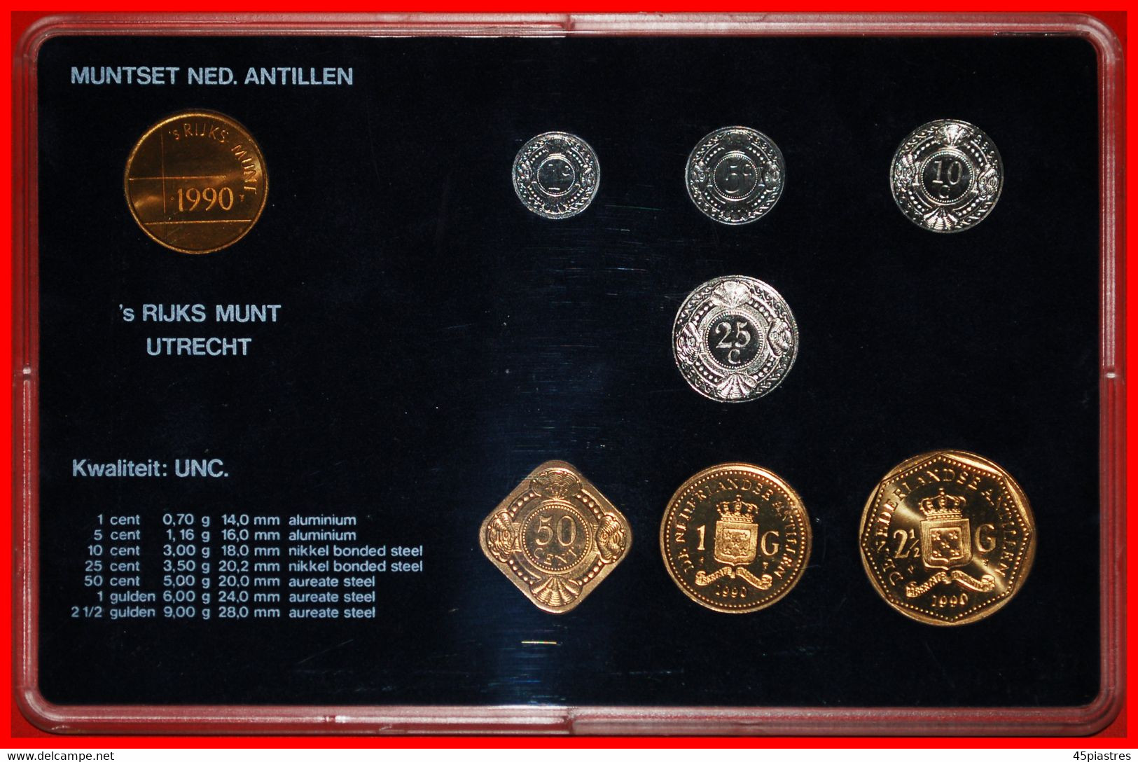 * FDC SET: NETHERLANDS ANTILLES ★ 1 - 2 1/2 - 5-10-25 CENTS 1-2 1/2 GULDEN 1990! UNC MINT LUSTRE★LOW START ★ NO RESERVE! - Netherlands Antilles