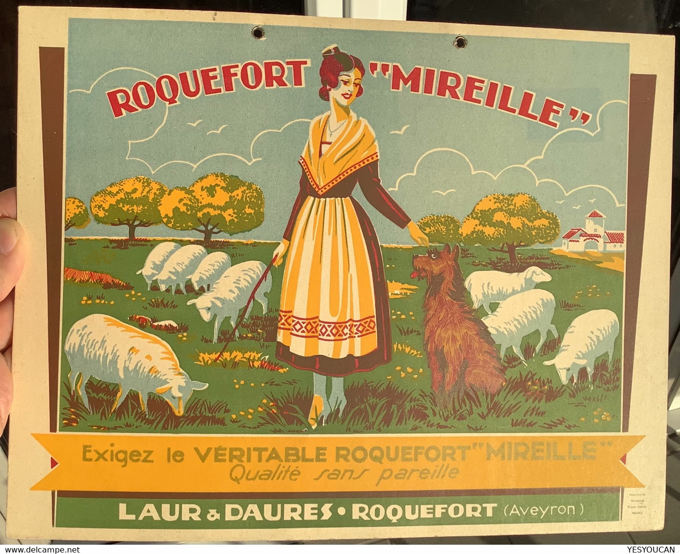 ROQUEFORT MIREILLE/ AVEYRON Publicité Cartonné~1930 (fromage Cheese Dog Lithograph Poster Paperboard Signs Advertisement - Placas De Cartón