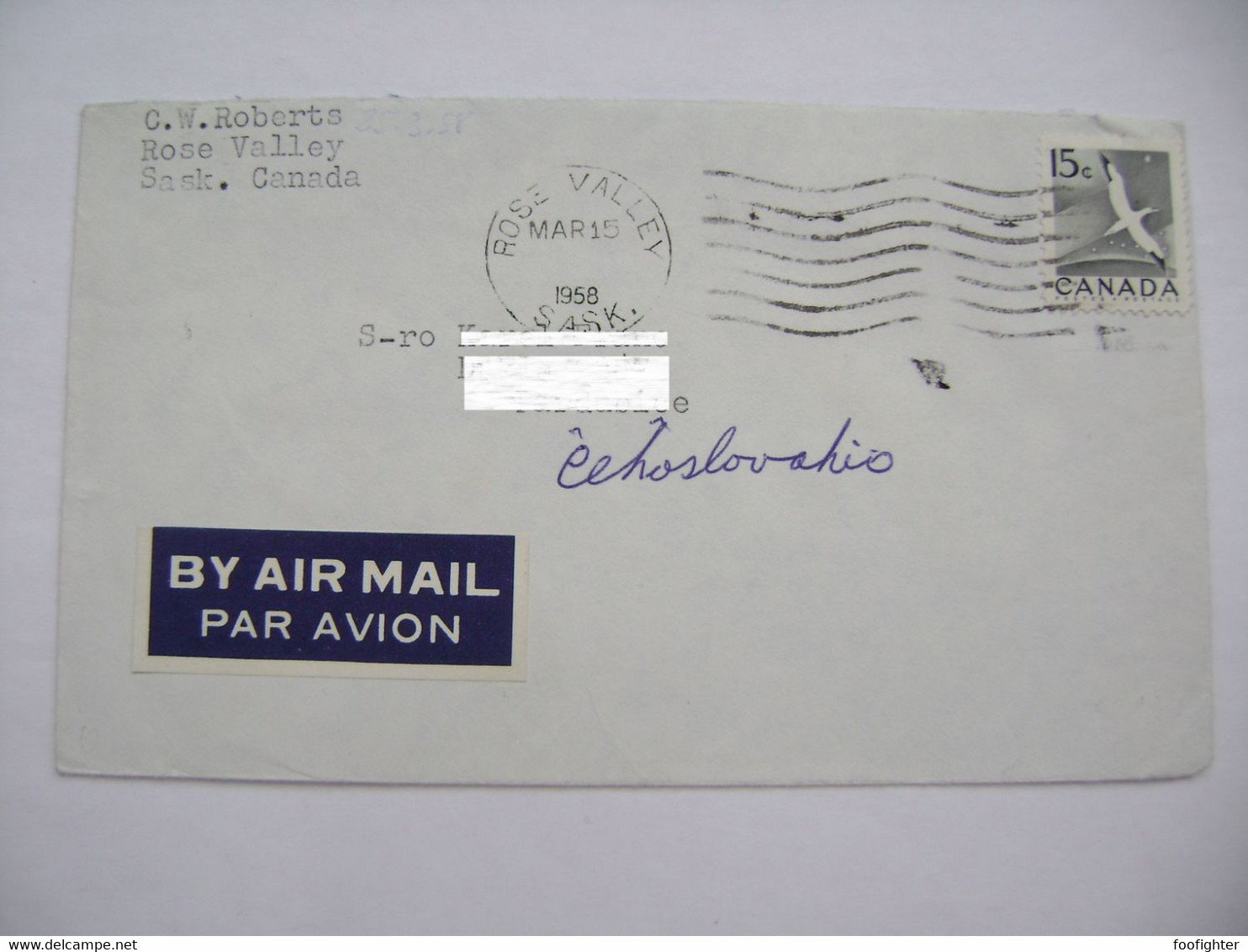 Cover 1958 Rose Valley, Saskatchewan To Czechoslovakia, Nothern Gannet 15c, Air Mail - Lettres & Documents