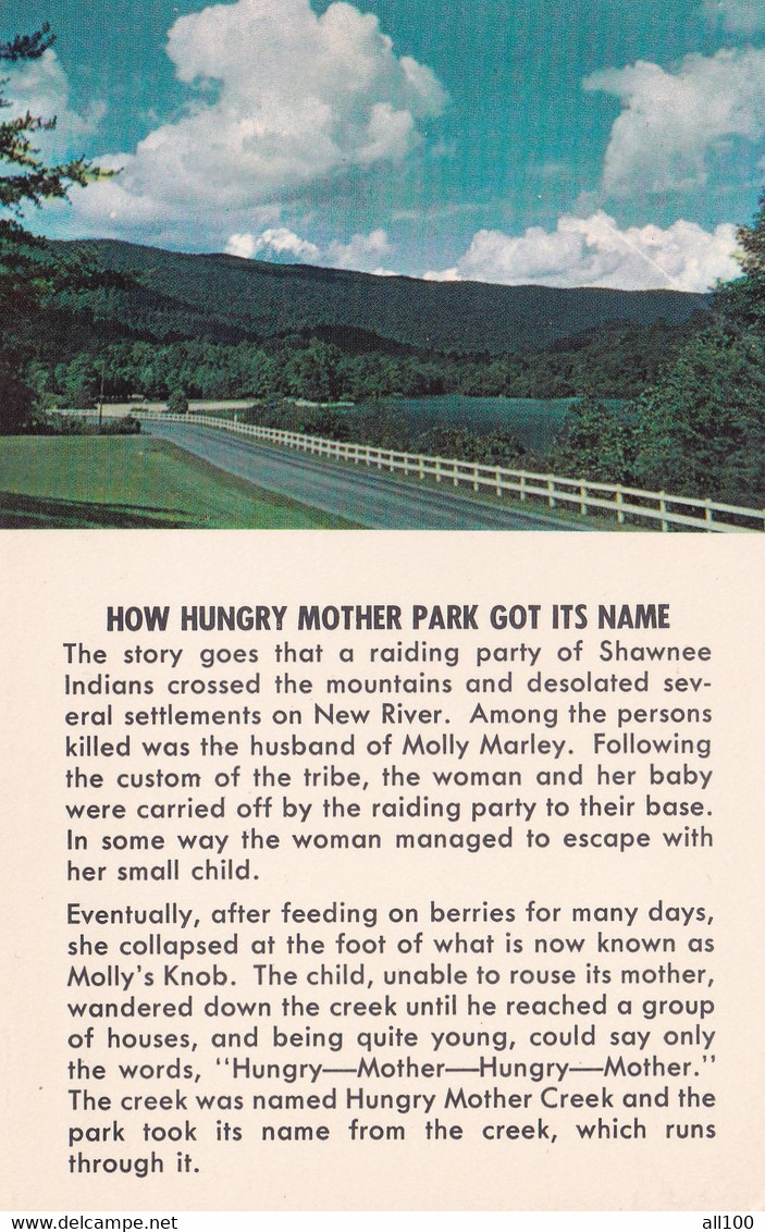 A20925 - HUNGRY MOTHER PARK MARION VIRGINIA USA UNITED STATES OF AMERICA POST CARD UNUSED SHAWNEE INDIANS NEW RIVER - USA Nationalparks