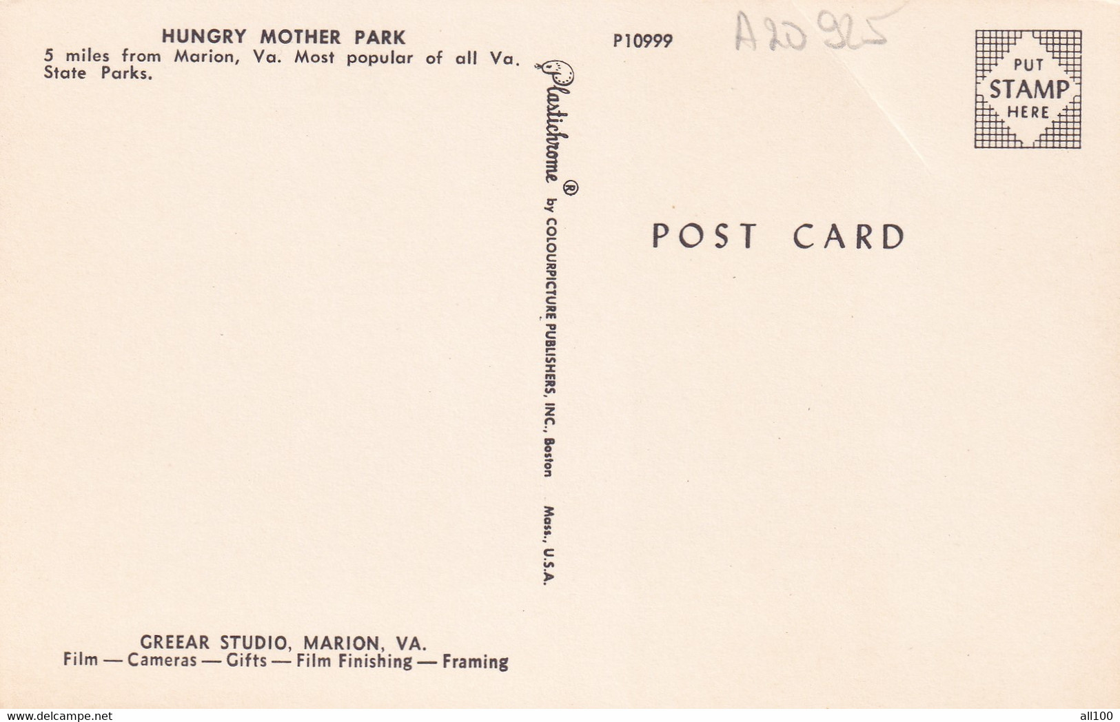 A20925 - HUNGRY MOTHER PARK MARION VIRGINIA USA UNITED STATES OF AMERICA POST CARD UNUSED SHAWNEE INDIANS NEW RIVER - USA Nationale Parken