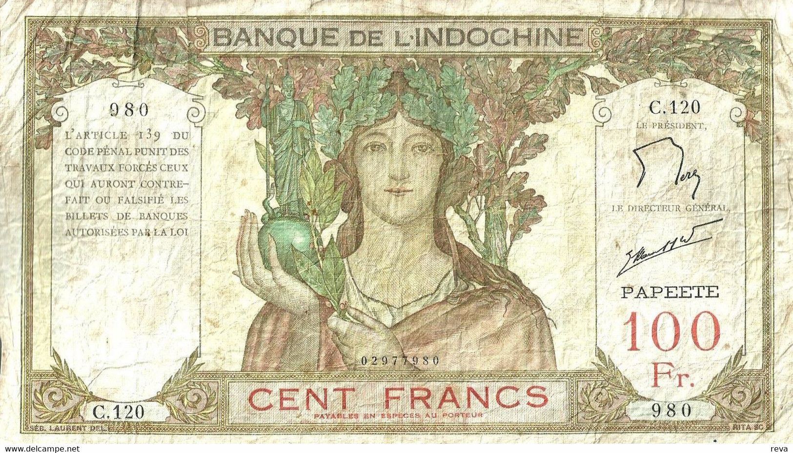 FRENCH POLYNESIA 100 FRANCS BROWN WOMAN HEAD FRONT STATUE BACK NOT DATED(1965) P14d 4th SIG VARIETY F READ DESCRIPTION!! - Papeete (Polinesia Francesa 1914-1985)