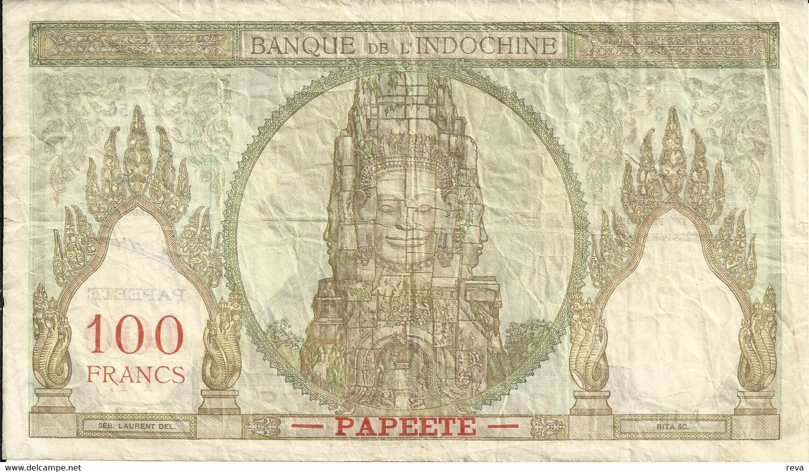 FRENCH POLYNESIA 100 FRANCS BROWN WOMAN HEAD FRONT STATUE BACK NOT DATED(1965) P14d 4th SIG VARIETY F READ DESCRIPTION!! - Papeete (Polinesia Francesa 1914-1985)