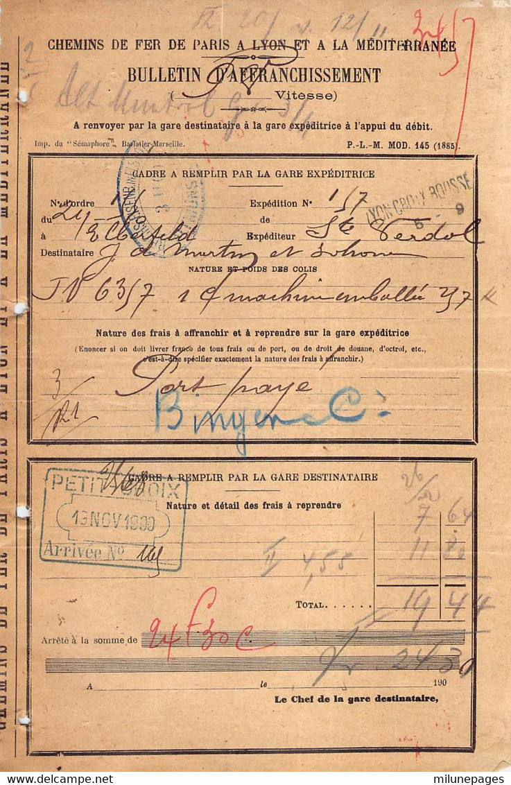 Bulletin D'Affranchissement Petite Vitesse Lyon Croix-Rousse à Petit-Croix Chemins De Fer Du PLM 1900 - Spoorweg