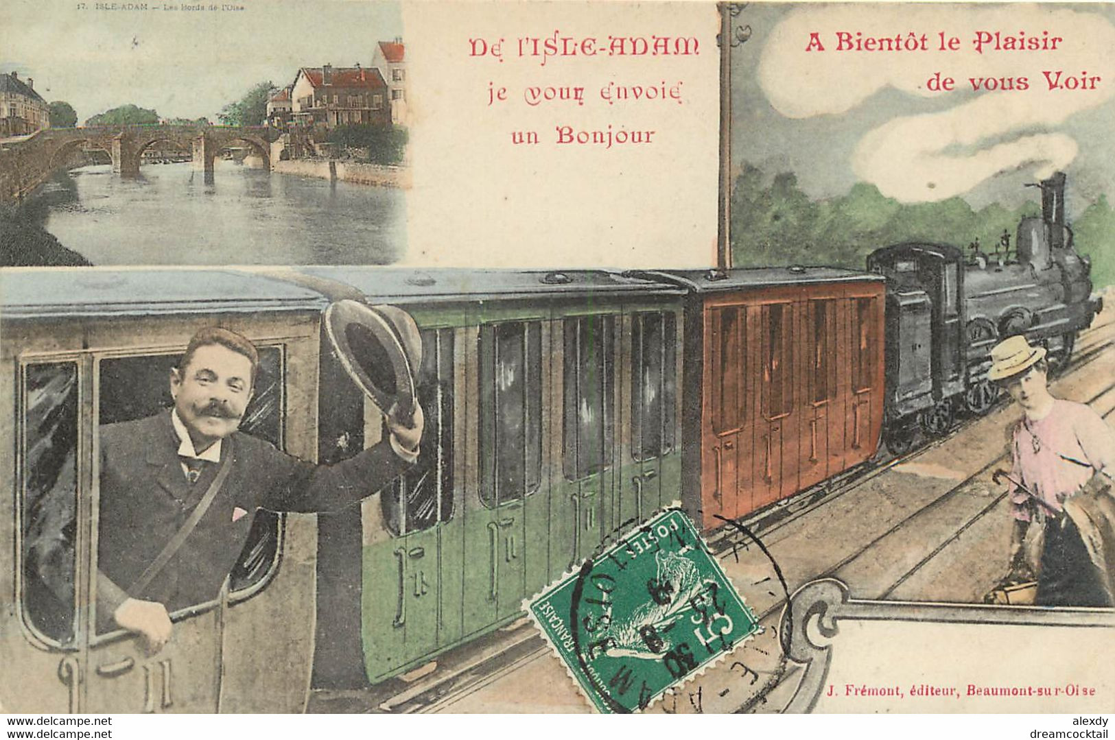 (XX) Carte Montage Gare Train Locomotive Voyageuse Voyageur. Un Bonjour De L'ISLE-ADAM 95 En 1909 - L'Isle Adam