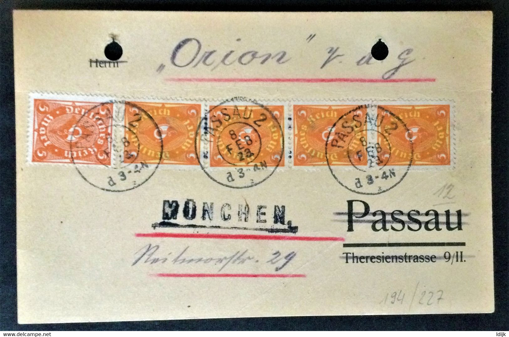 1923 Firmenkarte (perforiert) Mit Klarer Stempel PASSAU 2 Auf Mischfrankierung Mi.205 Und Mi. 227 - Otros & Sin Clasificación