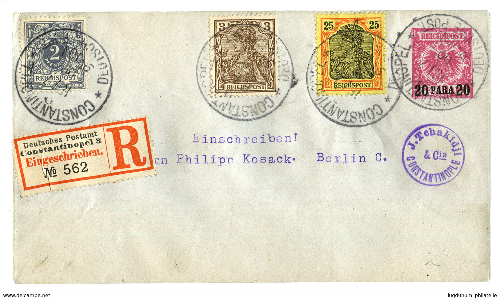 1900 GERMAN LEVANT P./Stat 20p On 10pf + GERMANY 2pf + GERMANIA 3pf +25pf Canc. CONSTANTINOPEL 3, Sent REGISTERED To BER - Sonstige & Ohne Zuordnung