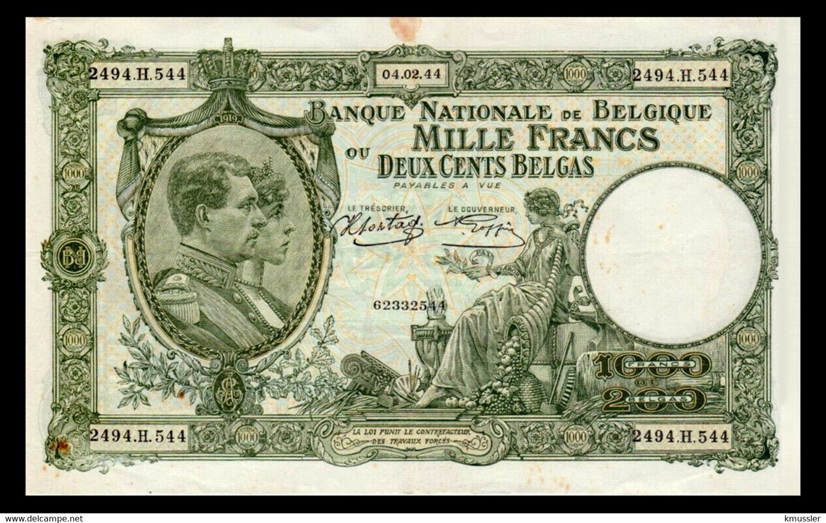 # # # Banknote Belgien (Belgium) 1.000 Francs 1942 # # # - 1000 Frank