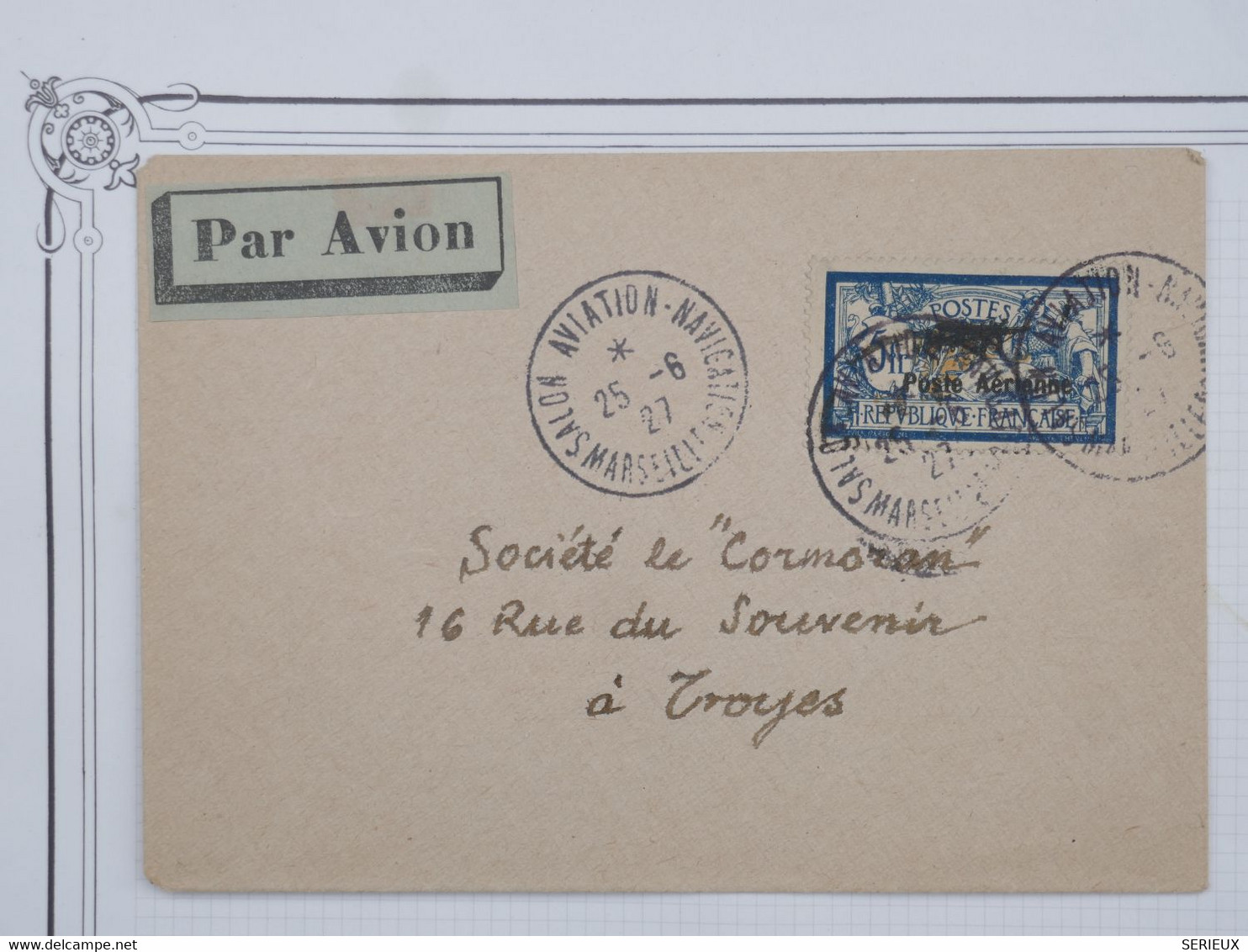 C  FRANCE  BELLE LETTRE  RARE 1927 SALON AVIATION MARSEILLE +SURCHARGE PA 2  SEUL +AFFRANCHISSEMENT INTERESSANT++ - 1927-1959 Lettres & Documents