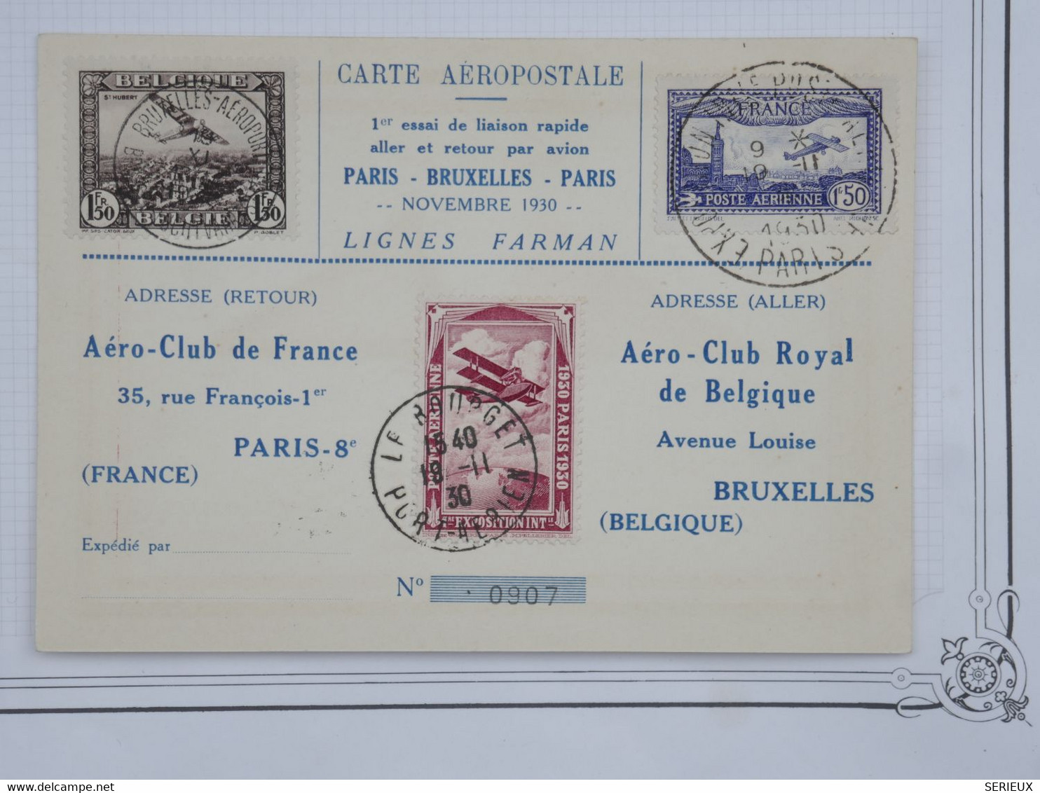 C FRANCE BELLE CARTE RARE 1930 PREMIER VOL PARIS  BELGIQUE BRUXELLES - PARIS + BINATIONAL + VIGNETTE+AFF.MIXTE PLAISANT - 1927-1959 Lettres & Documents