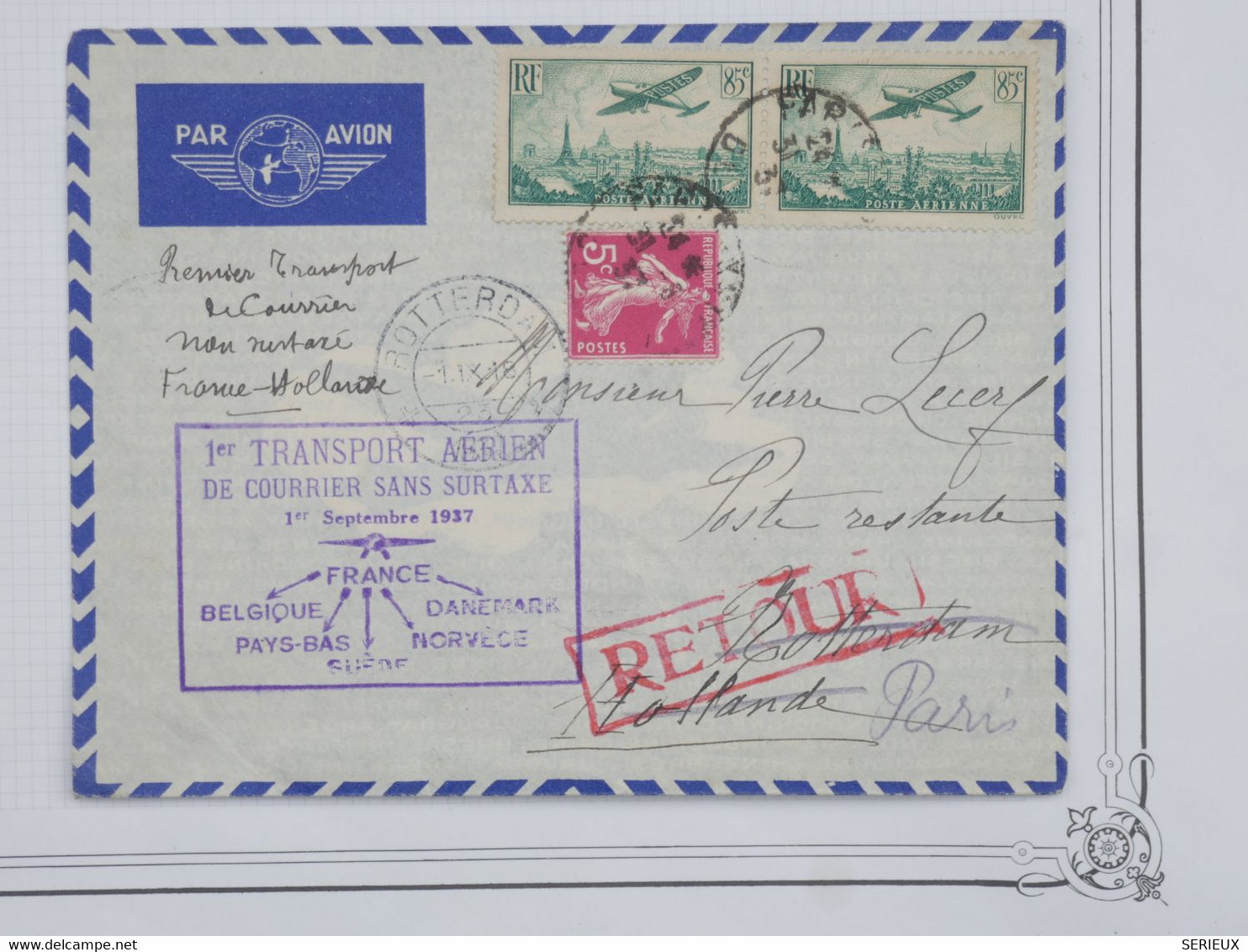 C FRANCE BELLE LETTRE   RR 1937 1ER VOL PARIS HOLLANDE RETOUR +PAIRE DE 85C +AFFRANCH. PLAISANT++ - 1927-1959 Brieven & Documenten