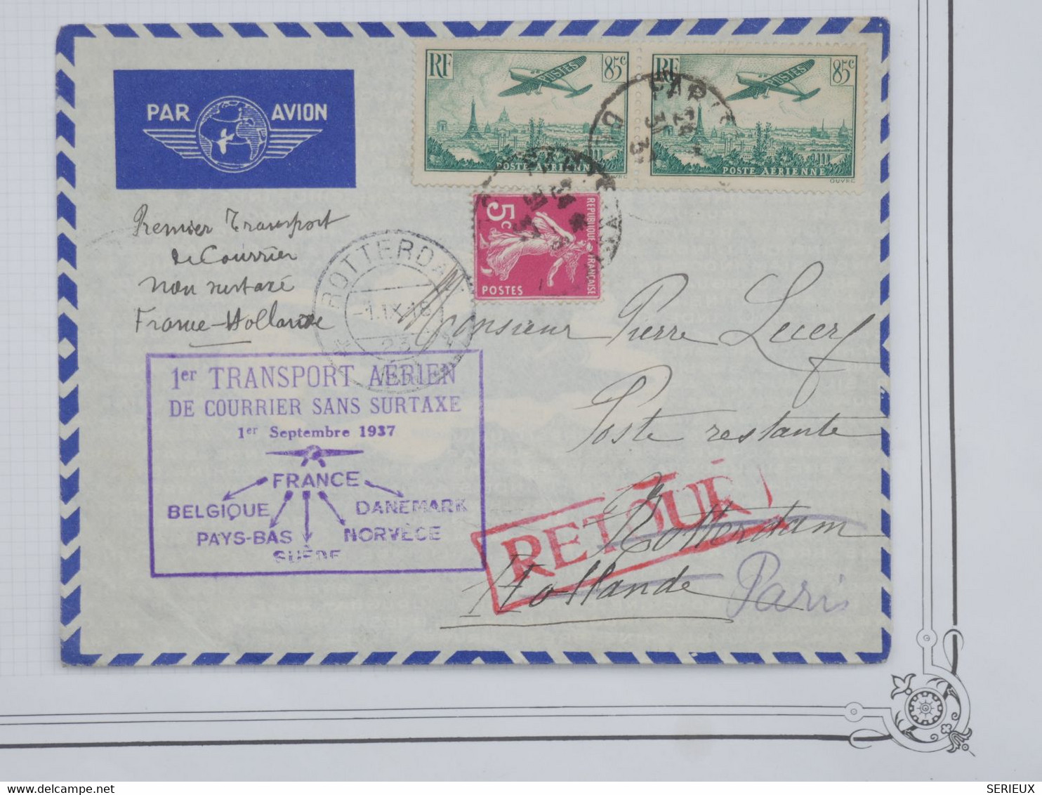 C FRANCE BELLE LETTRE   RR 1937 1ER VOL PARIS HOLLANDE RETOUR +PAIRE DE 85C +AFFRANCH. PLAISANT++ - 1927-1959 Lettres & Documents