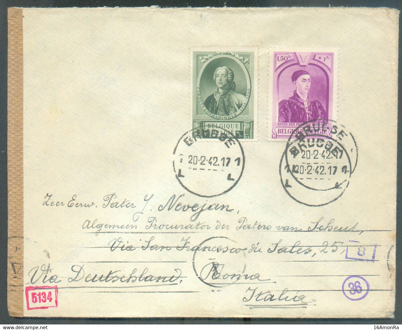 N°574-578 - 35c. CHARLES De LORRAINE + 1Fr.50 PHILIPPE LE BON Obl. Sc BRUGGE 1 Sur Lettre Du 20-2-1942 Vers Rome + Bande - Briefe U. Dokumente