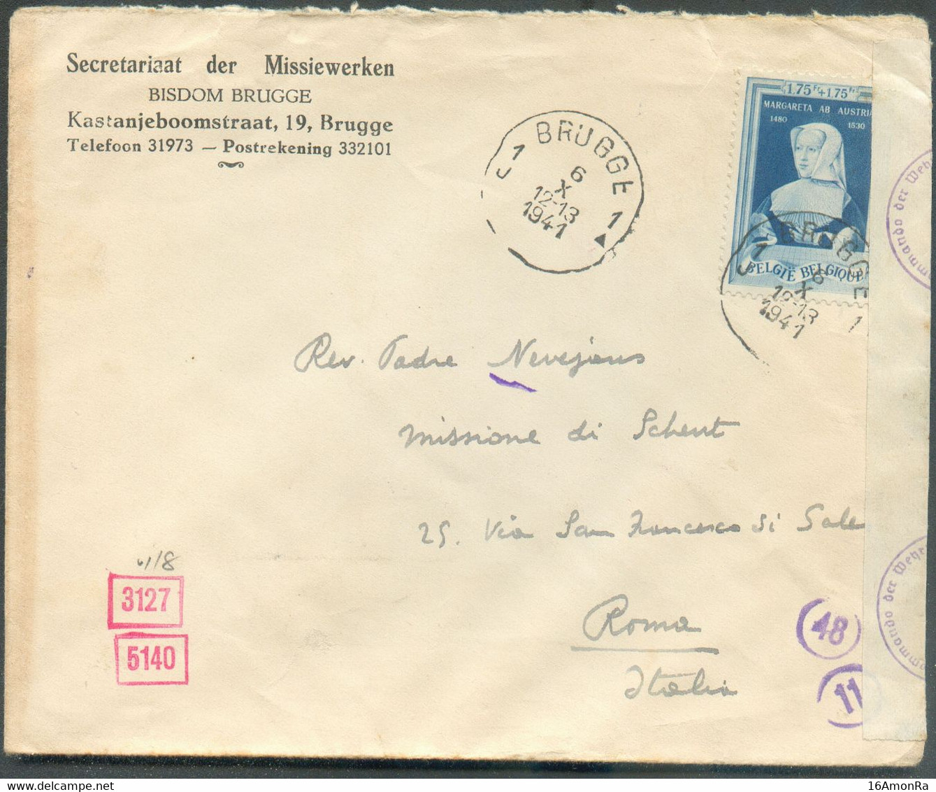 N°579 - 1Fr.75 MARGUERITE D'AUTRICHE Obl. Sc BRUGGE 1 Sur Lettre (Missiewerken) Du 6-X-1941 Vers Rome + Cachet Et Bande - Cartas & Documentos