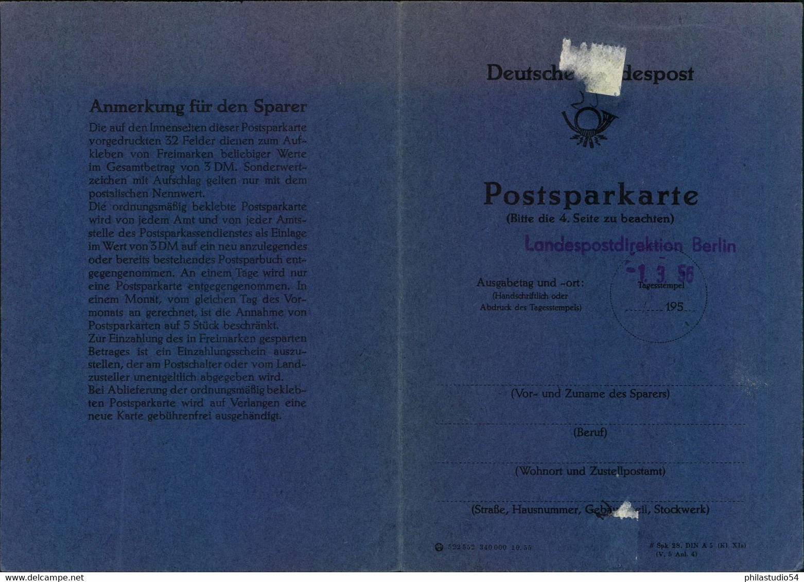 1955, Komplette Postsparkarte Mit 3,-DM Guthaben - Sonstige & Ohne Zuordnung