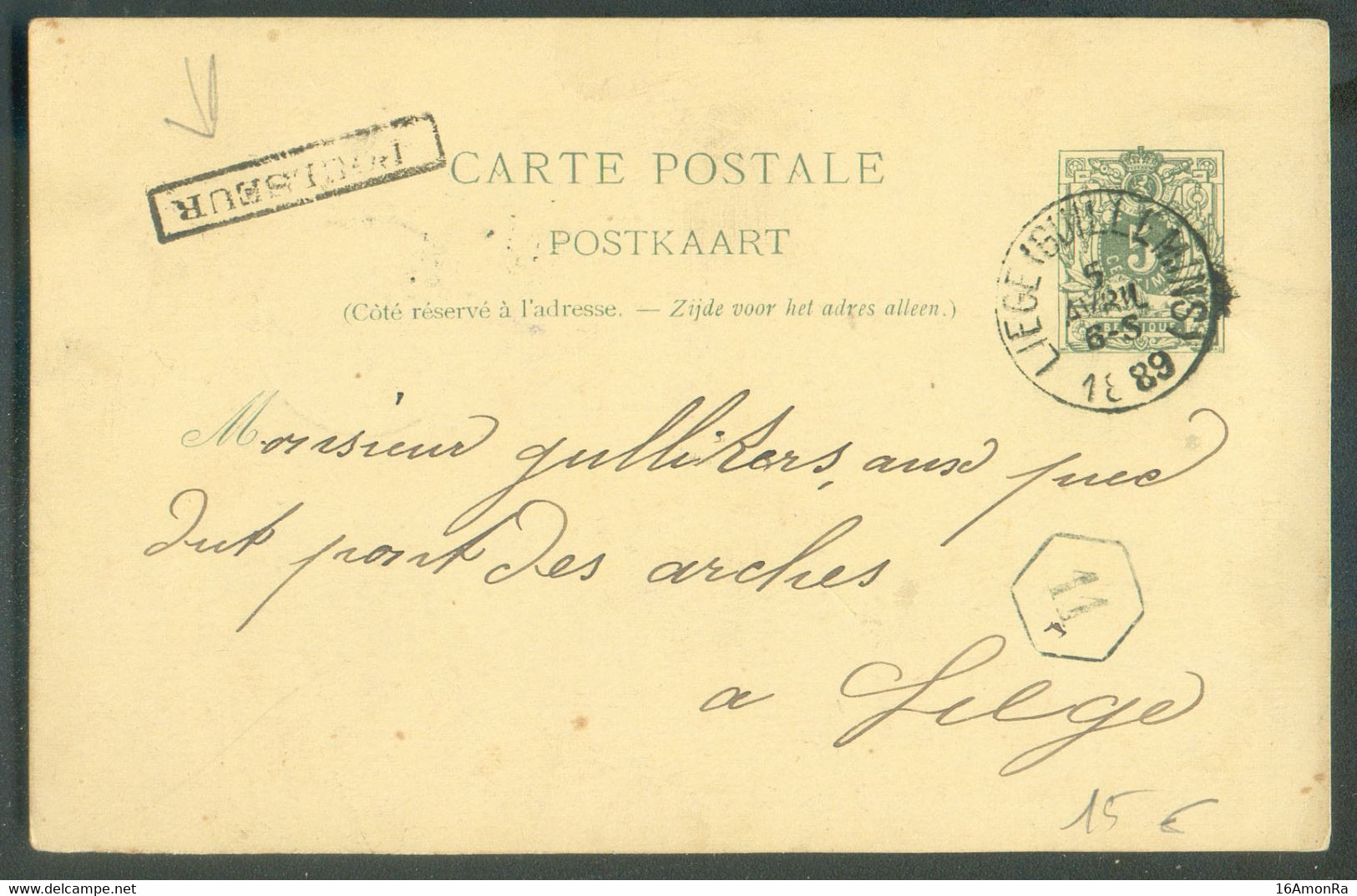 E.P. Carte 5 Centimes Vert Obl. Sc LIEGE (GUILLEMINS) Du 5 Avril 1889 + Griffe POULSEUR Vers Liège - 20334 - Briefkaarten 1871-1909