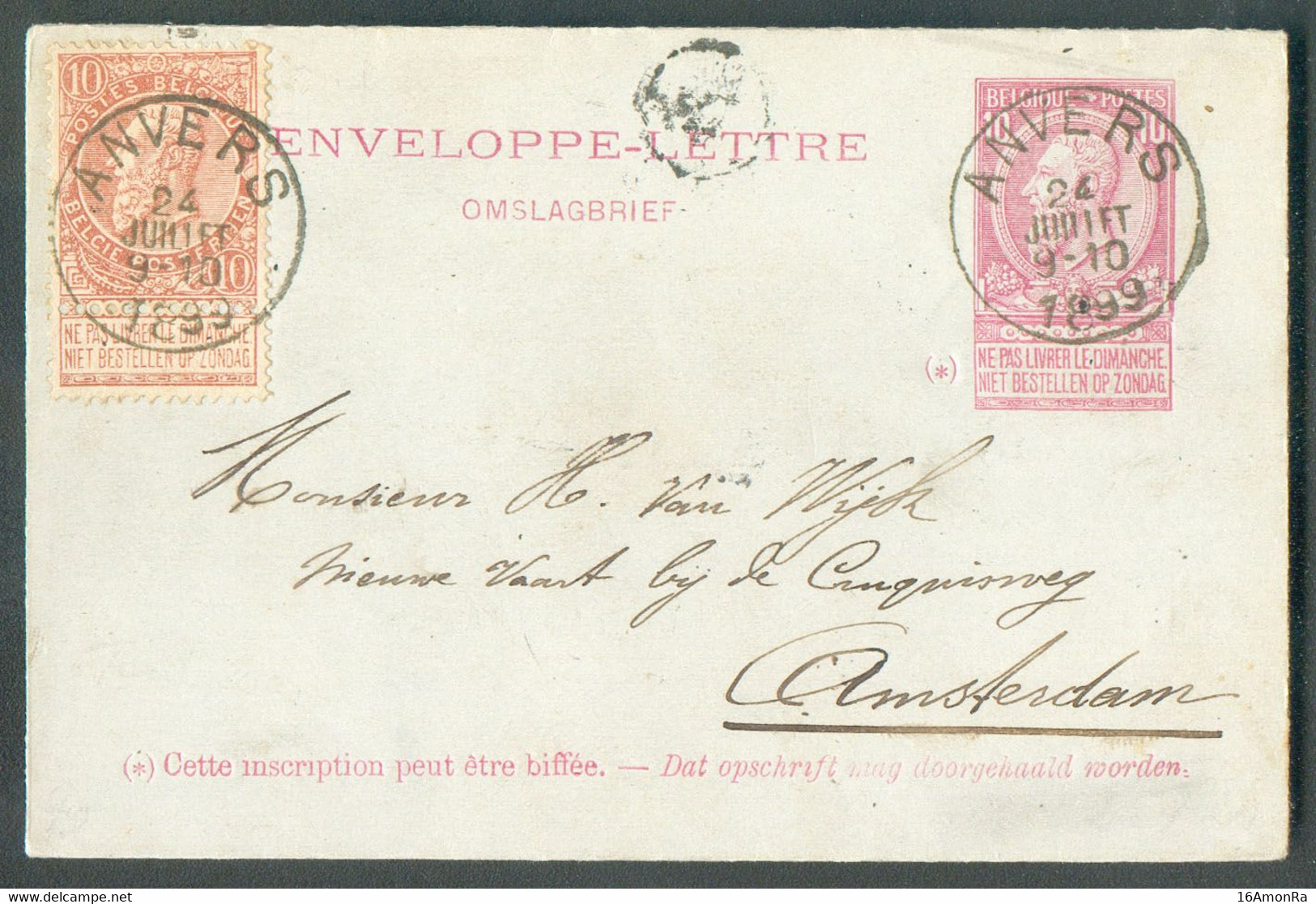 E.P. Enveloppe-lettre 10c. Fine Barbe + Tp 10 Centimes Obl. Sc ANVERS Du 24 Juillet 1899 Vers Amsterdam - 20335 - Briefumschläge