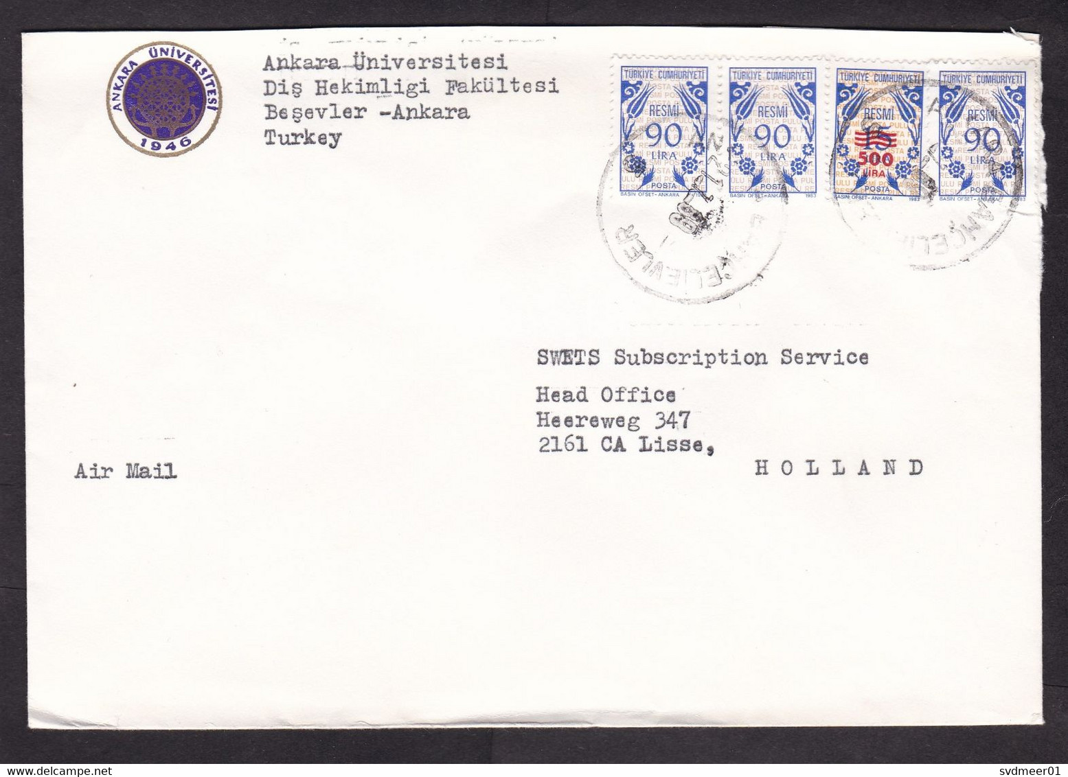 Turkey: Cover To Netherlands, 1980s, 4 Official Service Stamps, 1x Value Overprint, Inflation: 770.- (minor Damage) - Cartas & Documentos