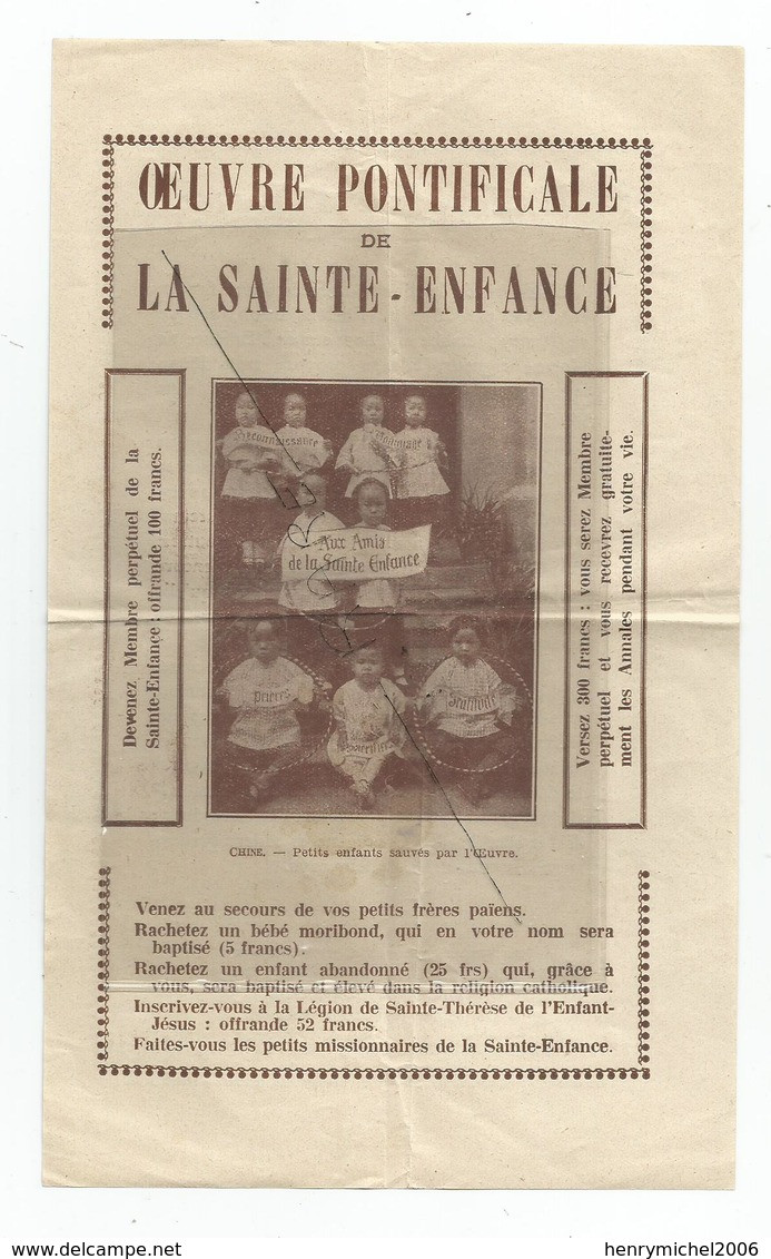 Papier Oeuvre Pontificale De La Sainte Enfance Rachetez Un Enfant Abondonné De Chine China 13,6x22,5 Cm - Historische Dokumente