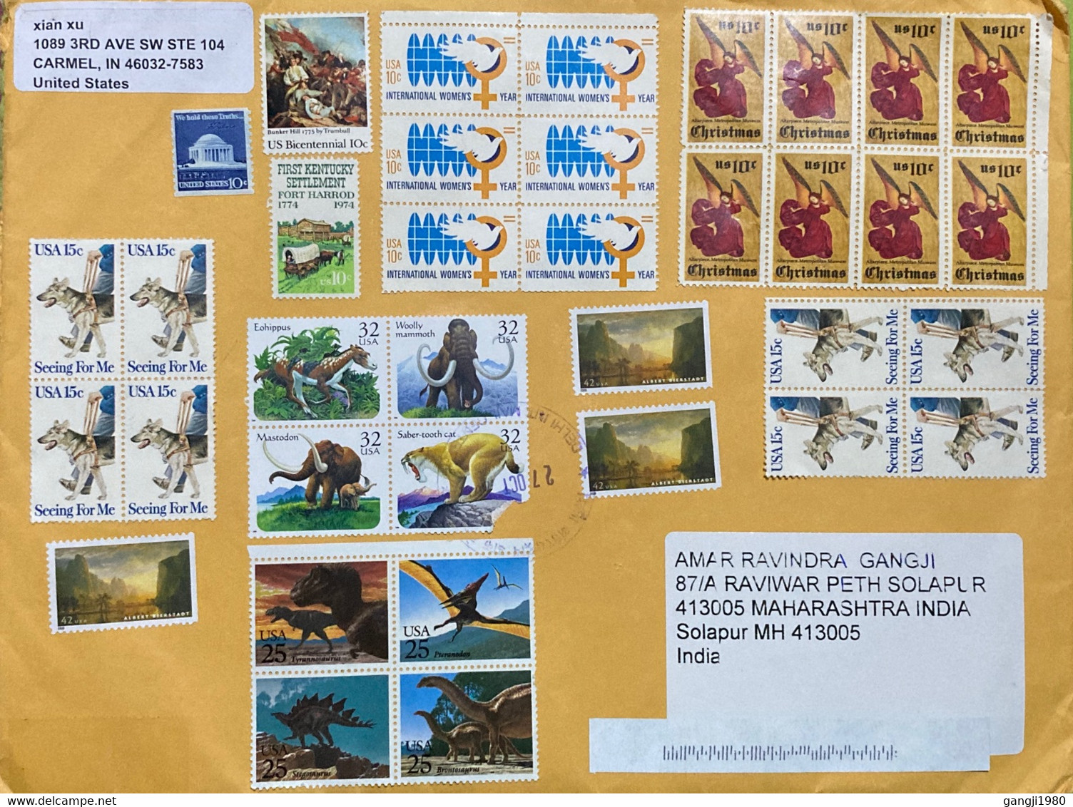 USA COVER TO INDIA 2022, TOTAL 36 STAMPS AFFIXED MOSTLY WITHOUT CANCELLATION,FACE VALUE 6 DOLLAR !!! ELEPHANT, Dinosaur, - Briefe U. Dokumente
