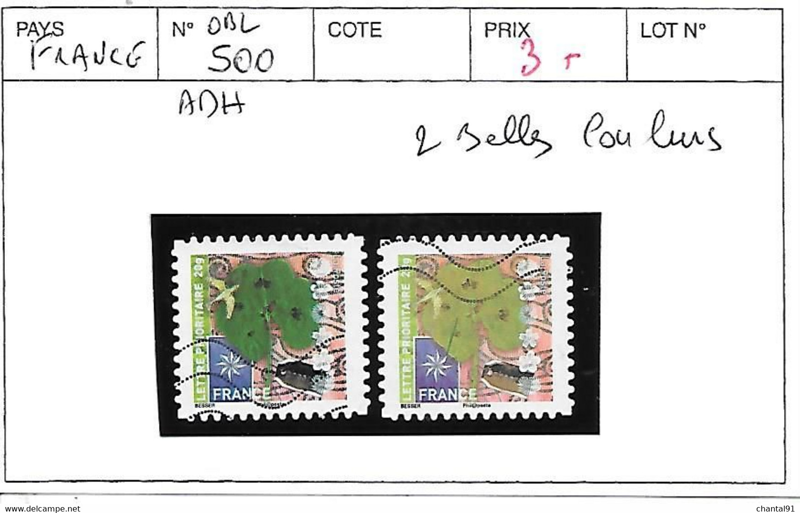 FRANCE ADHESIFS N° 500 OBL 2 BELLES COULEURS - Usados