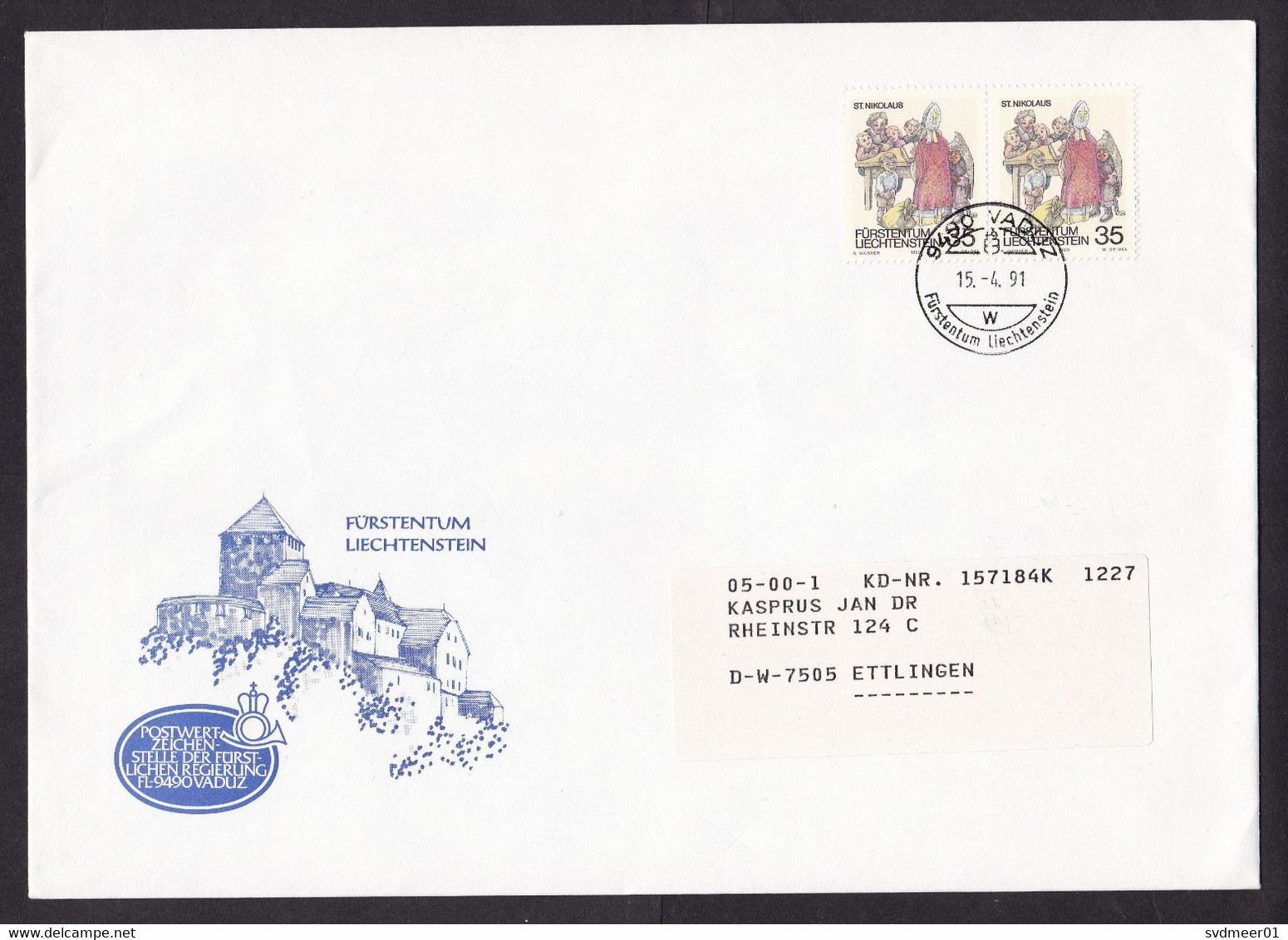 Liechtenstein: Cover To Germany, 1991, 2 Stamps, Saint Nicholas, Sinterklaas, St Nikolaus, Religion (minor Creases) - Covers & Documents