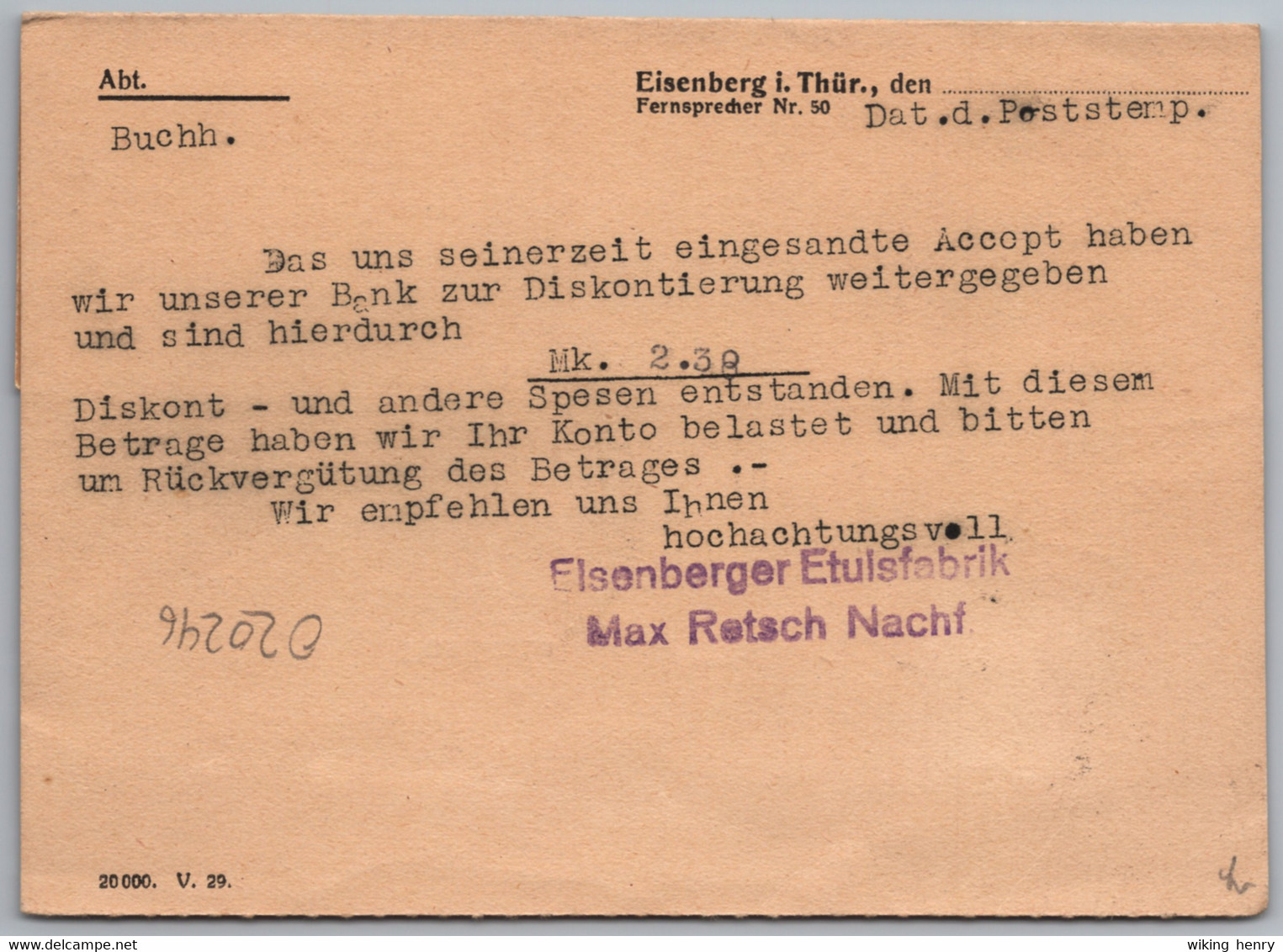 Eisenberg In Thüringen - Firmenkarte 1   Eisenberger Etuis Fabrik Max Retsch Nachfolger 1930 - Eisenberg