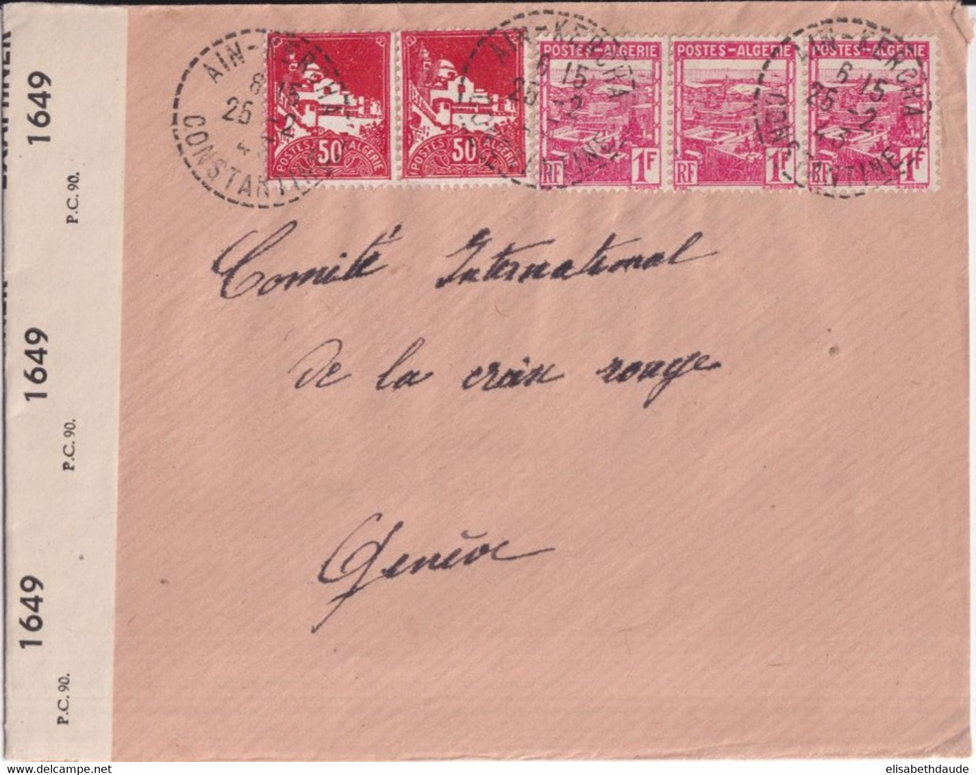 1943 - ALGERIE - ENVELOPPE Avec CENSURE De AÏN KERCHA (BUREAU DISTRIBUTION) => CROIX-ROUGE GENEVE SUISSE - Briefe U. Dokumente