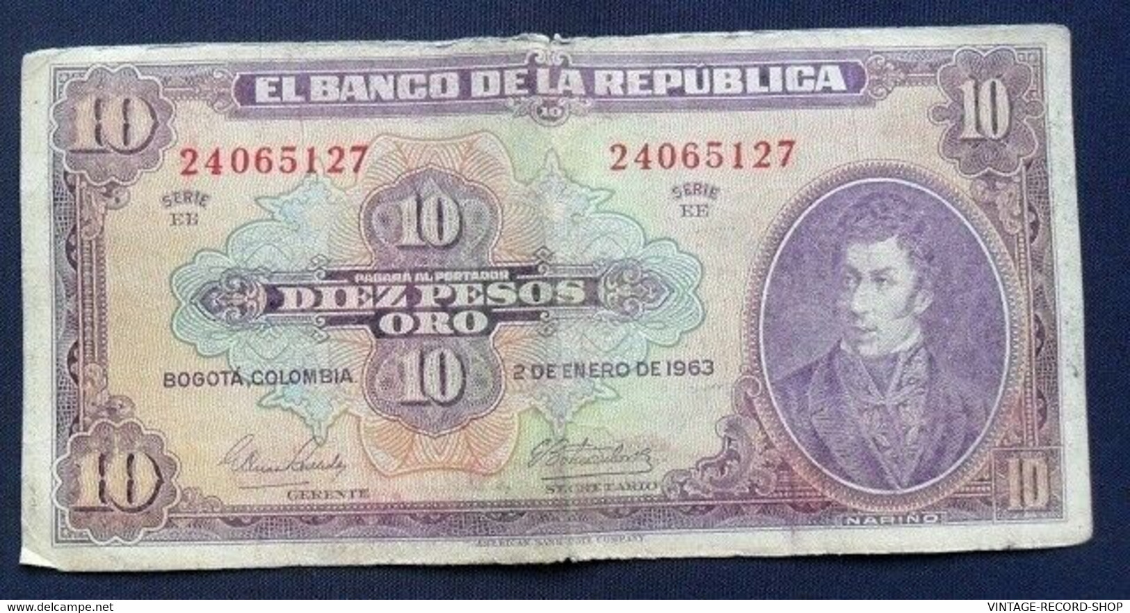 COLOMBIA BANKNOTE 10 PESOS ORO 1963 SERIE EE P389-CO 519 USA SELLER - Colombie