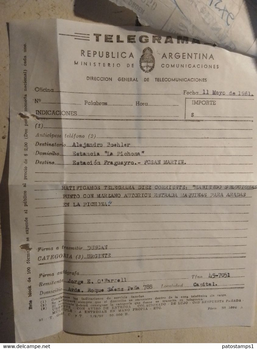 195499 ARGENTINA TUCUMAN ESTANCIA LA PICHONA A ESTACION FRAGUEYRO AÑO 1961 TELEGRAMA NO POSTAL POSTCARD - Télégraphes