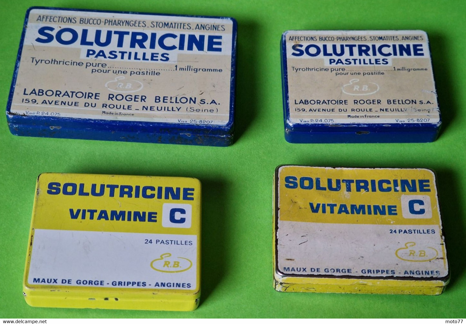 Lot 4 Anciennes Boites Métal Plate - Médicament SOLUTRICINE Pastille - Publicité Médicale Roger Bellon - Vers 1960 - Boîtes