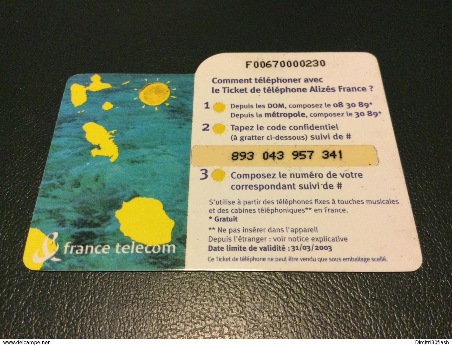 TICKET TÉLÉPHONE ALIZÉS FRANCE Utilisé Luxe Série F0067 Code 3/3/3/3  31/03/2003 Cote 90€ - Tickets FT