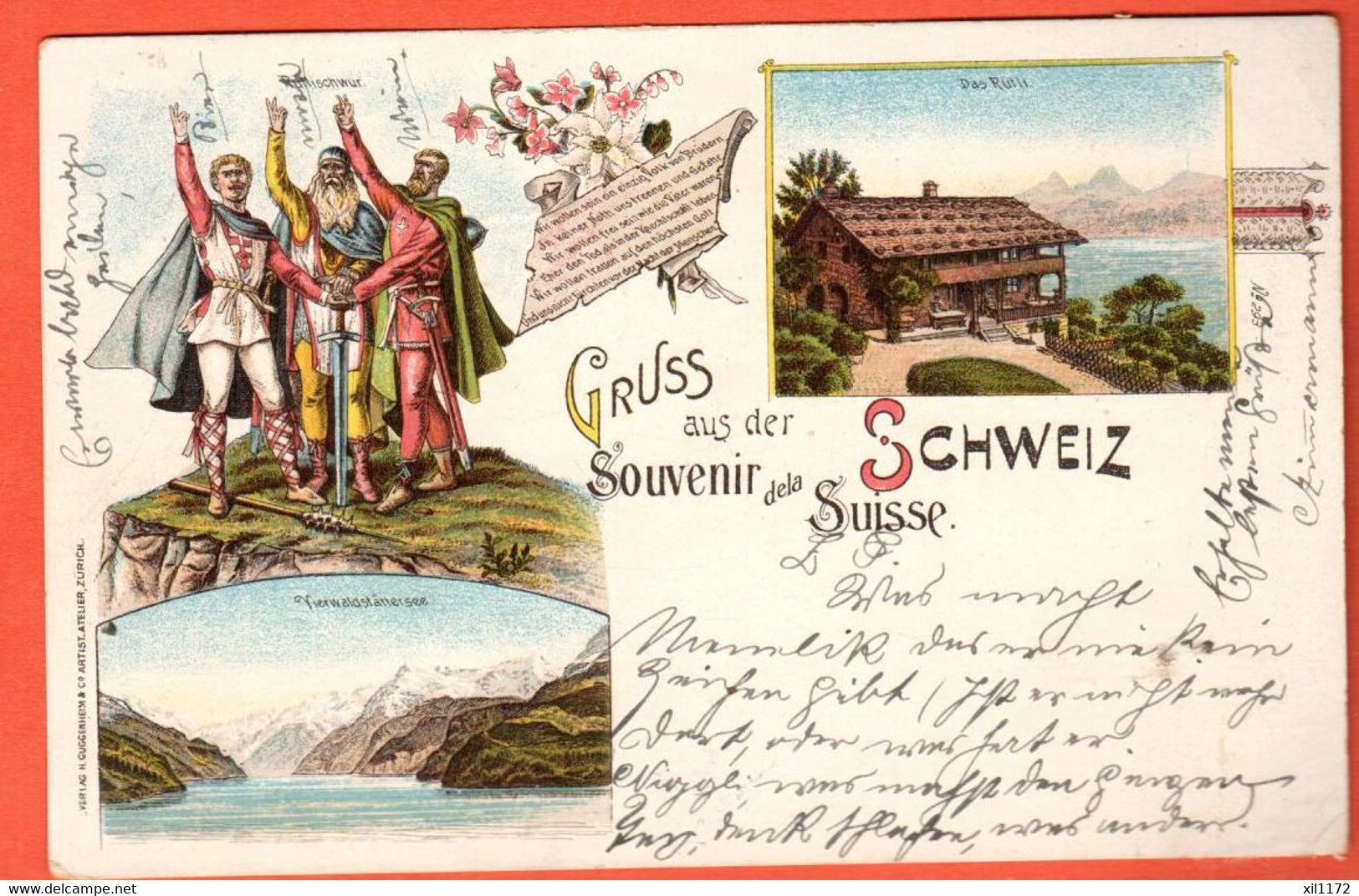 EAGR-22 Gruss Aus Der Schweiz Souvenir De La Suisse.  Serment Du Grutli. Rütlischwur. Gelaufen 1898 - Laufen-Uhwiesen 