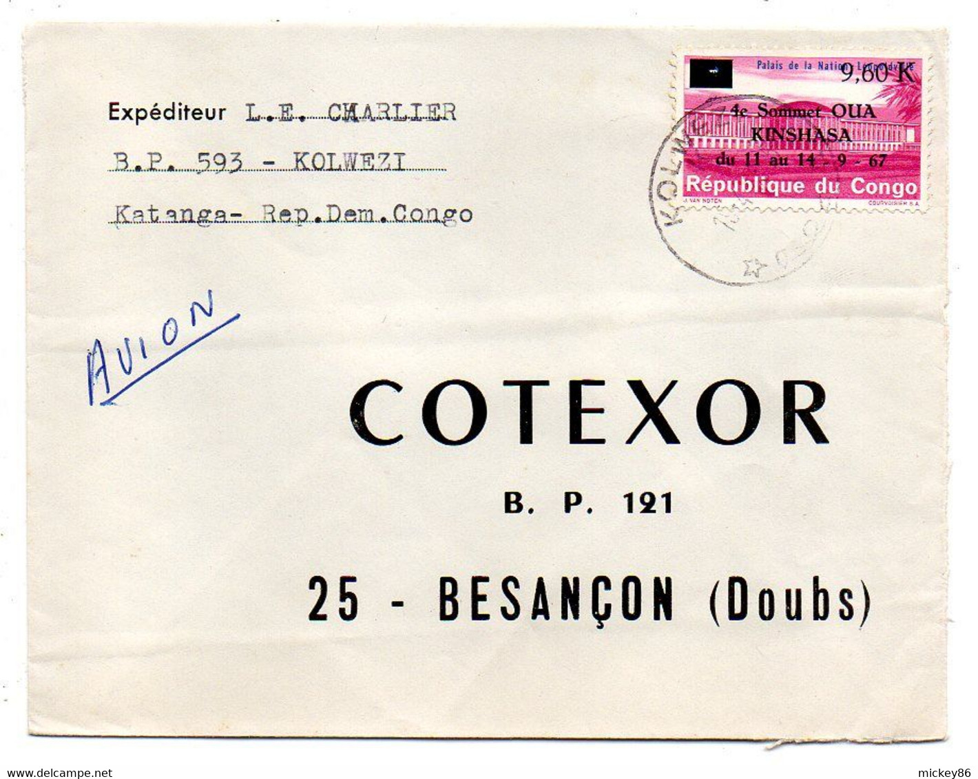 CONGO -1967--lettre De KOLWEZI  Pour Besançon-25-- Tp Palais De La Nation  Seul  Sur Lettre.........à Saisir - Covers & Documents