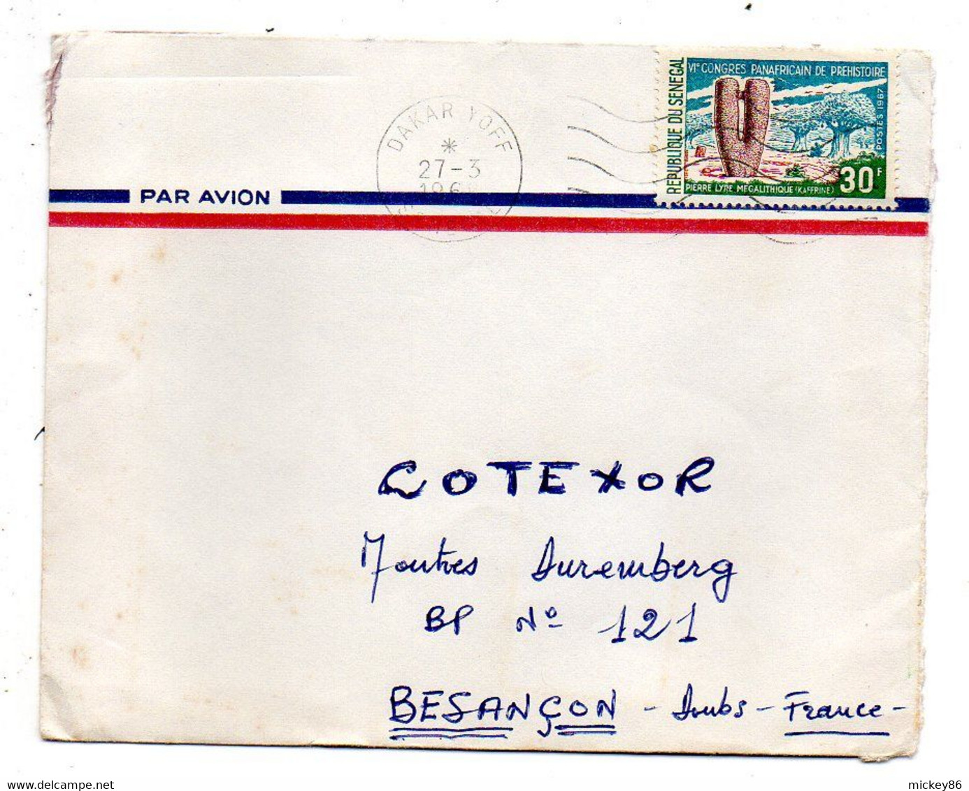 Sénégal -1967- DAKAR  YOFF  Pour Besançon-25-- Tp  VI° Congrès Panafricain Préhistoire Seul Sur Lettre..cachet.. - Senegal (1960-...)