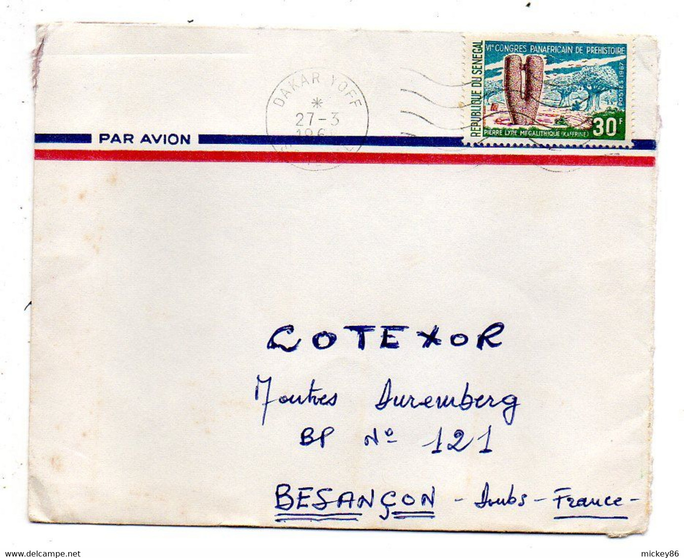 Sénégal -1967- DAKAR  YOFF  Pour Besançon-25-- Tp  VI° Congrès Panafricain Préhistoire Seul Sur Lettre..cachet.. - Sénégal (1960-...)