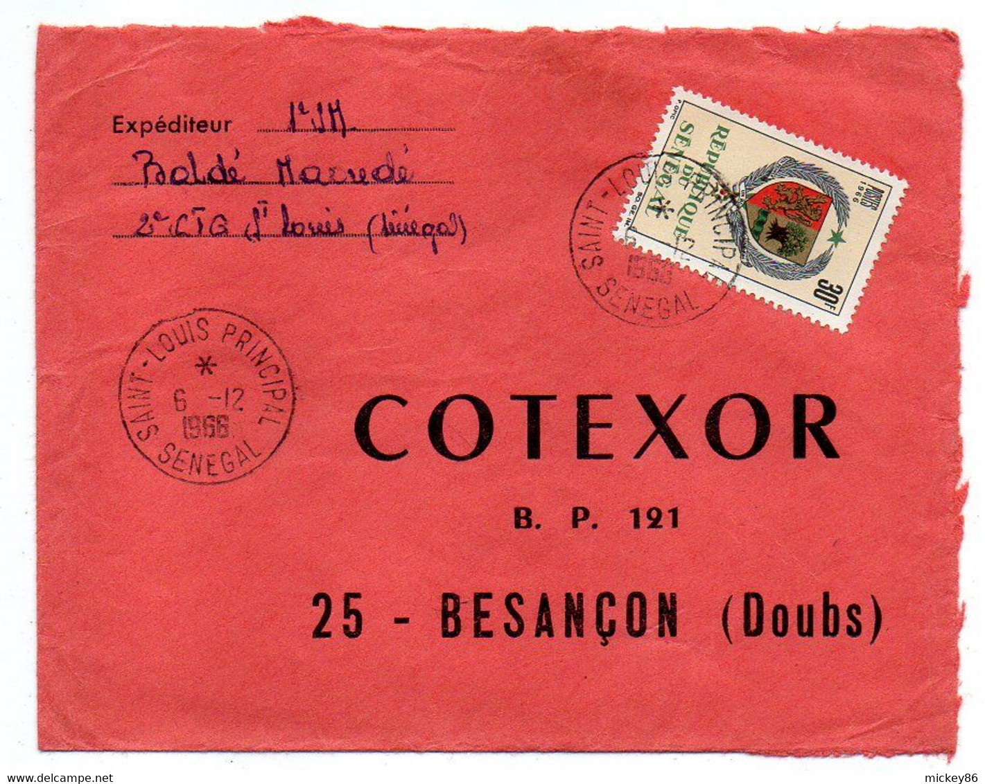 Sénégal -1968-  SAINT LOUIS  Pour Besançon-25-- Tp  Blason   Seul Sur Lettre.......cachet...... - Senegal (1960-...)