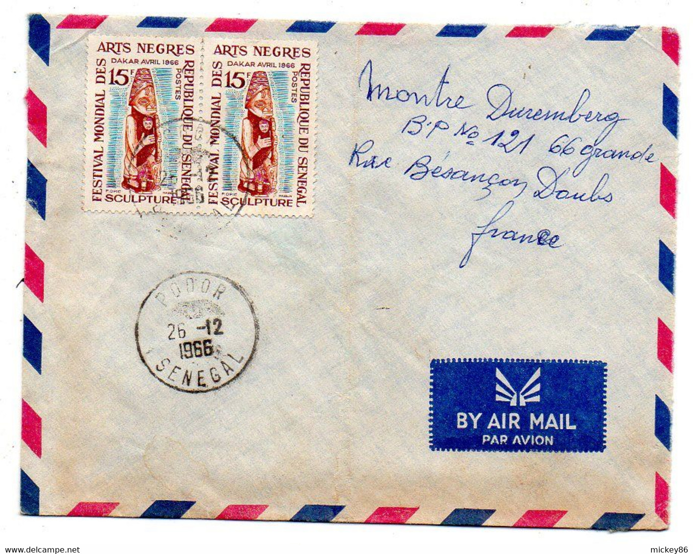 Sénégal -1966- PODOR   Pour Besançon-25-- Tp  Sculpture  Arts Nègres X 2  Sur Lettre... Cachet - Senegal (1960-...)