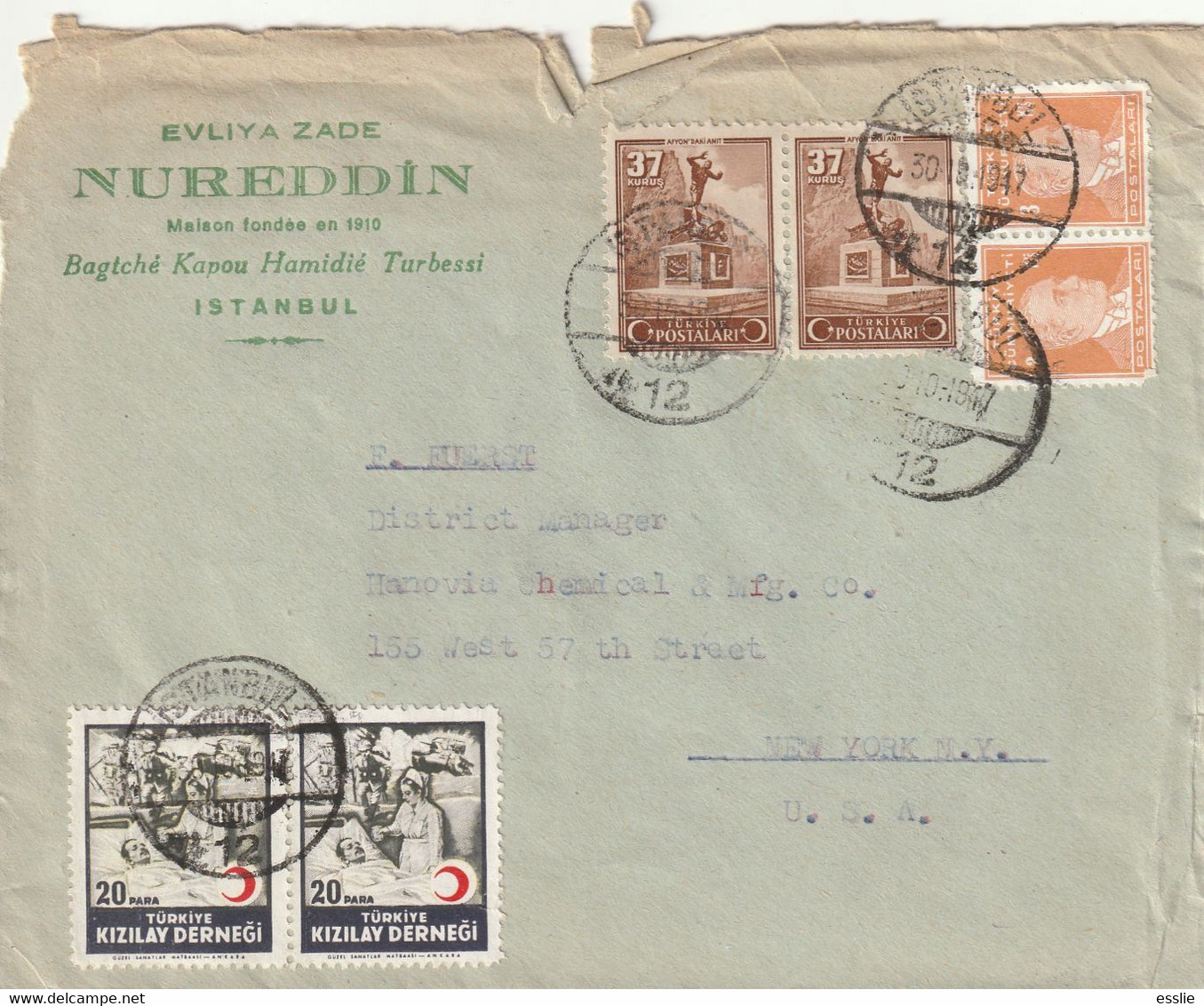 Turkey Cover USA - 1947 (1943 1945 ) - Monument At Afyon Nurse And Wounded Soldier Postal Tax - Lettres & Documents