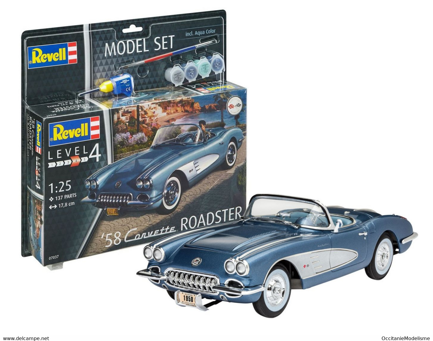Revell - SET CHEVROLET CORVETTE Roadster 1958  + Peintures + Colle Maquette Kit Plastique Réf. 67037 Neuf NBO 1/25 - Carros