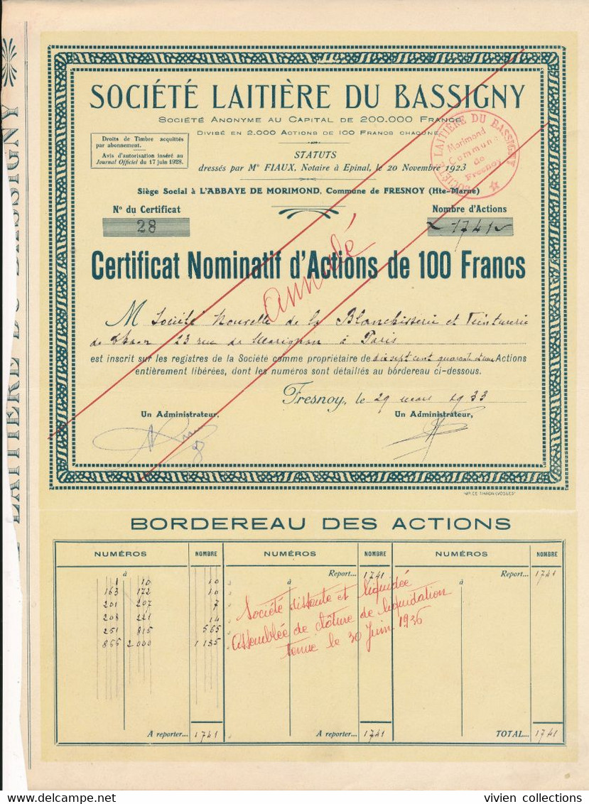Laiterie Du Bassigny Abbaye De Morimond à Fresnoy (52) Certificat 1741 Actions 100 F / Tirage 2000 1933 Liquidation 1936 - Agriculture